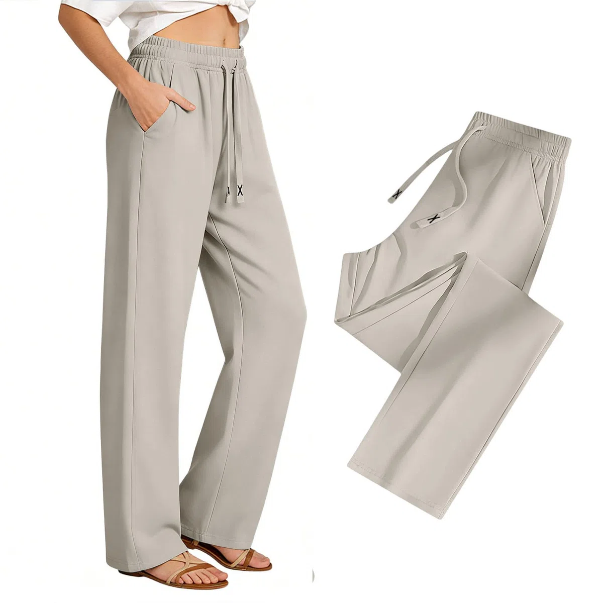 Sommerhose Damen Leicht Stretch Chino Jogginghose Lang Mit Taschen 2026 Elastische Hohe Taille Golfhose Sommerhosen Weites Bein Freizeithose Elegant Lockere Korde Luftige Chinohose