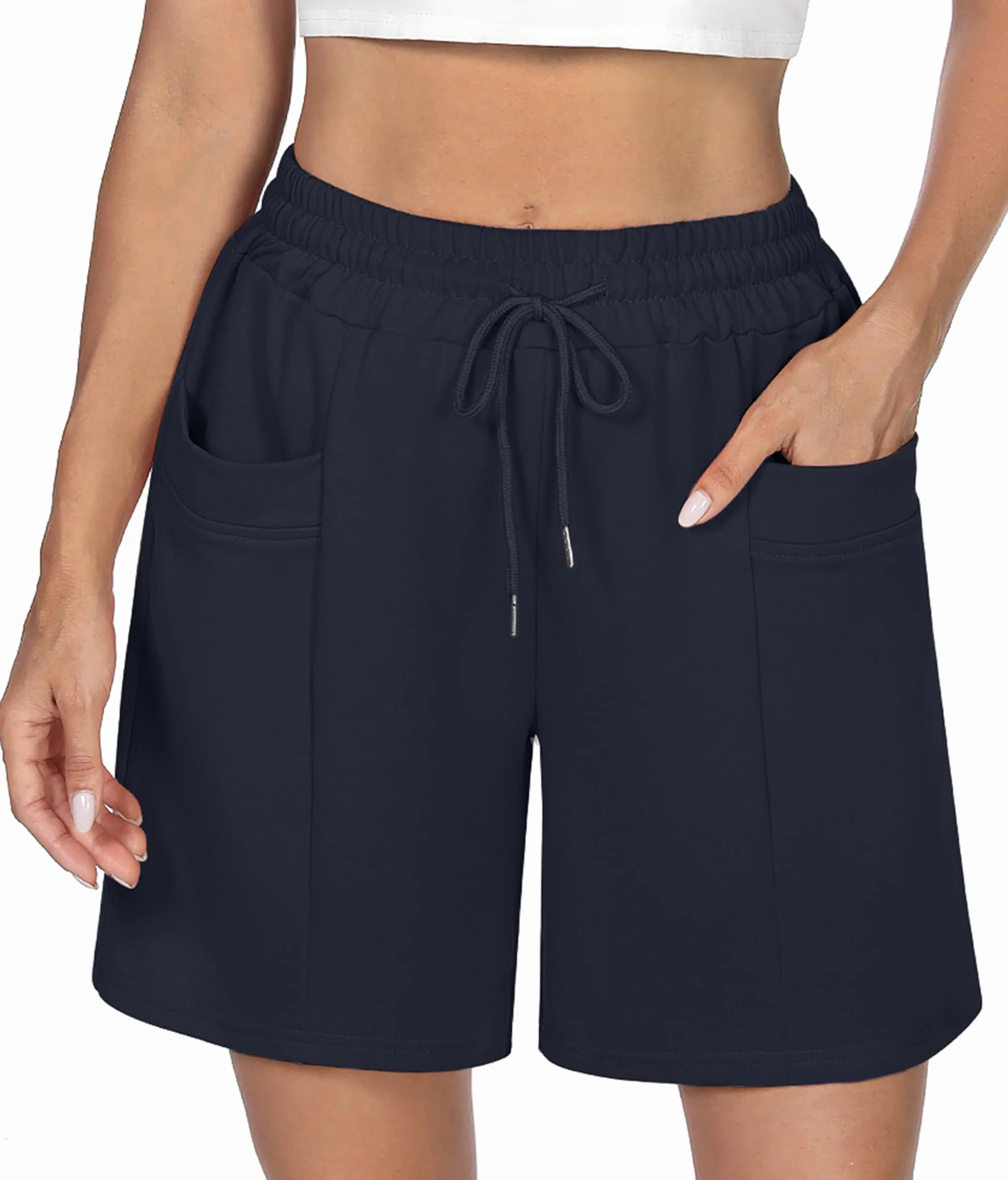 Demegimi Shorts Damen Bermuda Kurze Sporthose Knielang Sweatshorts Sommer Sport Shorts High Waist Lässig Kurz Hosen Baumwolle mit Taschen