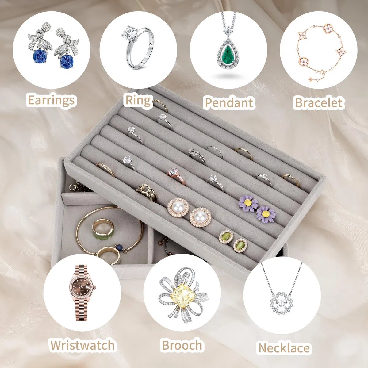 10 Schmucktablett Stapelbar, Schmuckaufbewahrung Schublade Grau, Schmuck Organizer Schublade für Aufbewahren