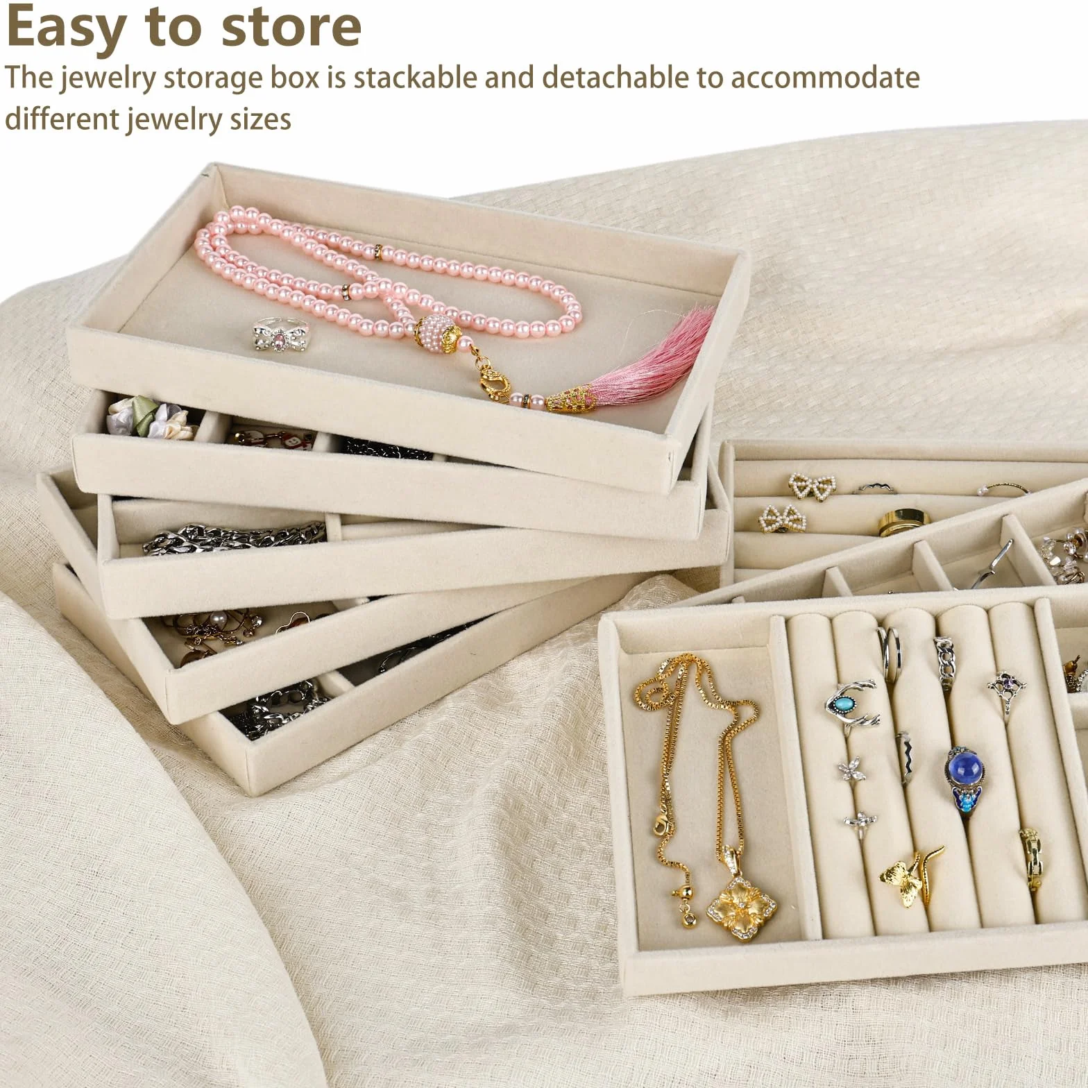 8 Stück Schmuckaufbewahrung Schublade, Schmuck Organizer Schublade, Schmucktablett, Schmuckeinsatz für Schubladen, Stackers Schmuckkasten, Samt Jewelry Organizer für Ohrringe (Beige)