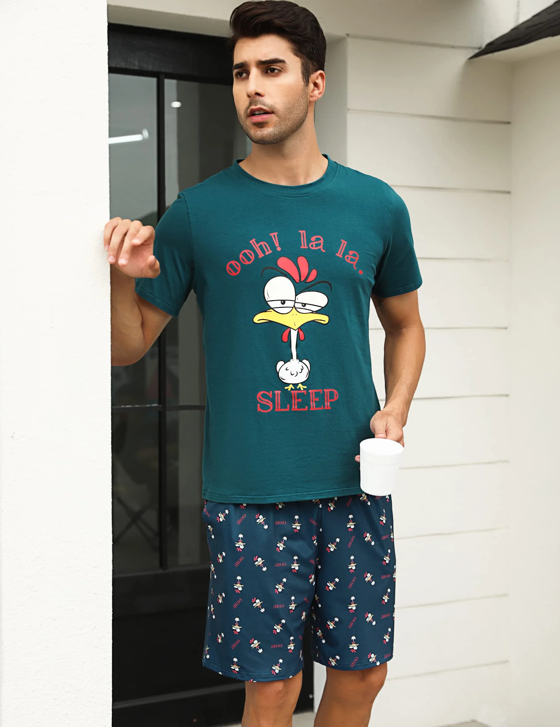 Schlafanzug Herren Kurz Pyjama Lustig Baumwolle Shorty Nachtwäsche Zweiteilige Pyjamas mit Hahn T-Shirt und Schlafanzughose für Männer