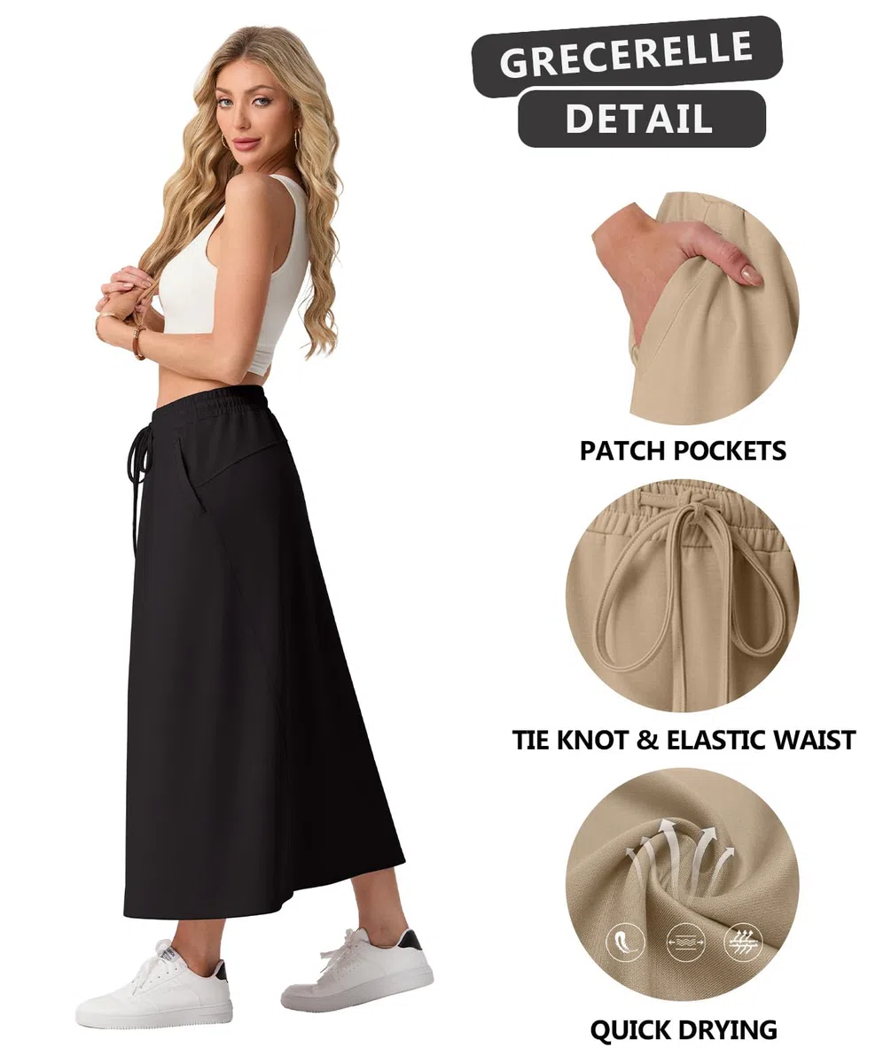 GRECERELLE Rock Damen mit Taschen Elastischer Bund Maxirock Damen Lang A-Linie Sommerrock Damen Midi aus Modal-Mix Casual Rock für Alltag & Urlaub