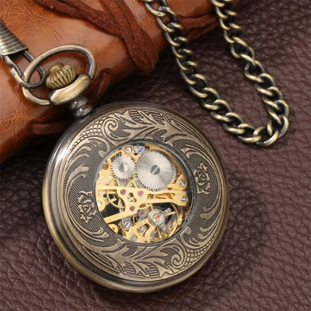 Taschenuhr, bronzefarbene, Hohle, mechanische Taschenuhr mit Handaufzug, antike Taschenuhr, Klassische, antike Taschenuhr mit Anhängerkette