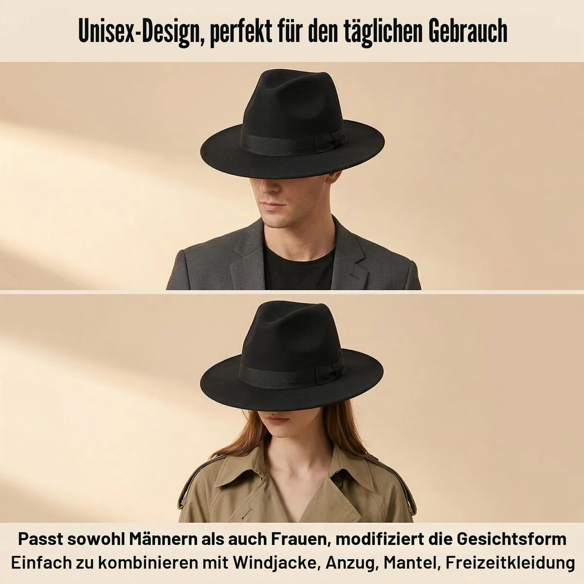 VASANA Schwarze Fedora- und Panama-Hüte, breite Krempe, Schleife, warm, Unisex, Schlapphut für Performance, Party, Show, Cosplay, Hochzeit, Alltag (56-58 cm), Schwarz, M