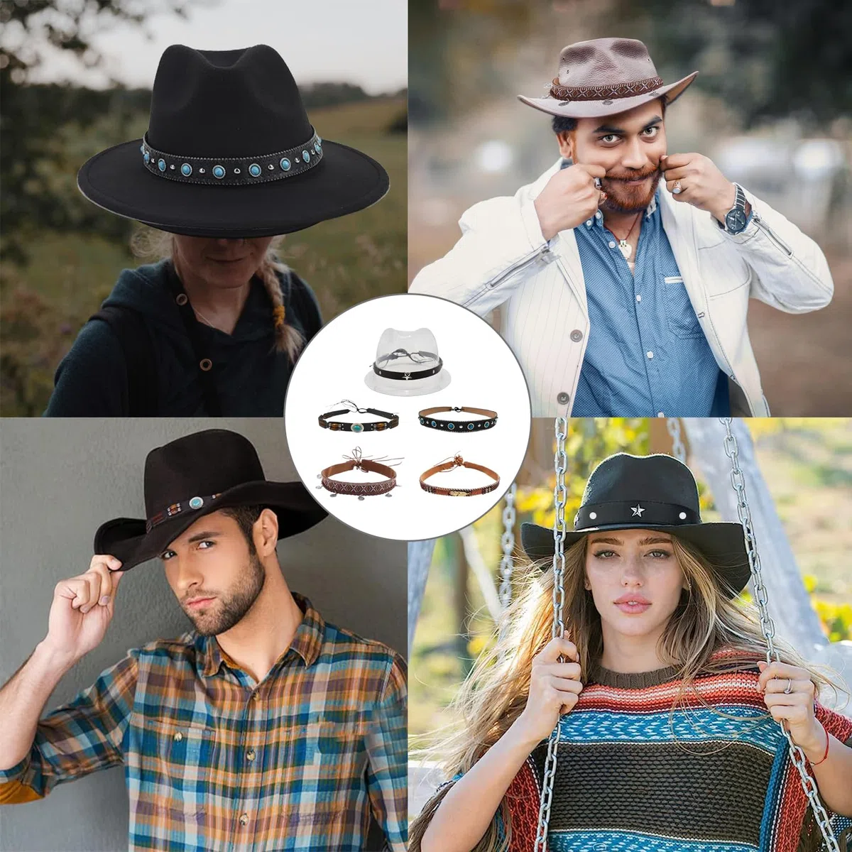 Hutbänder, Cowboyhut Bänder Ersatz, Cowboyhüte Gürtel, Western Style Hutbänder, Kreatives Multifunktionales, für Dekoration und DIY Hüte, Hut-Accessoires für Damen Herren 56-58cm