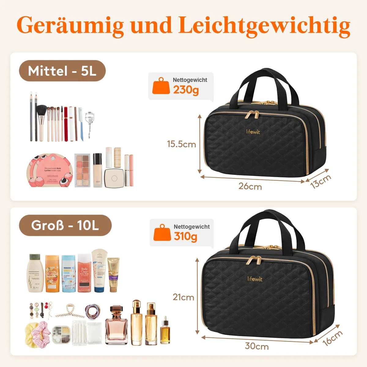 Lifewit Reise Kulturtasche Damen, 10L Groß Wasserabweisende Kulturbeutel mit Nassfach, Tragbare Schminktasche Waschtasche Organizer für Make up, Zubehör, Shampoo, Oilettenartikel, Alltag, Schwarz