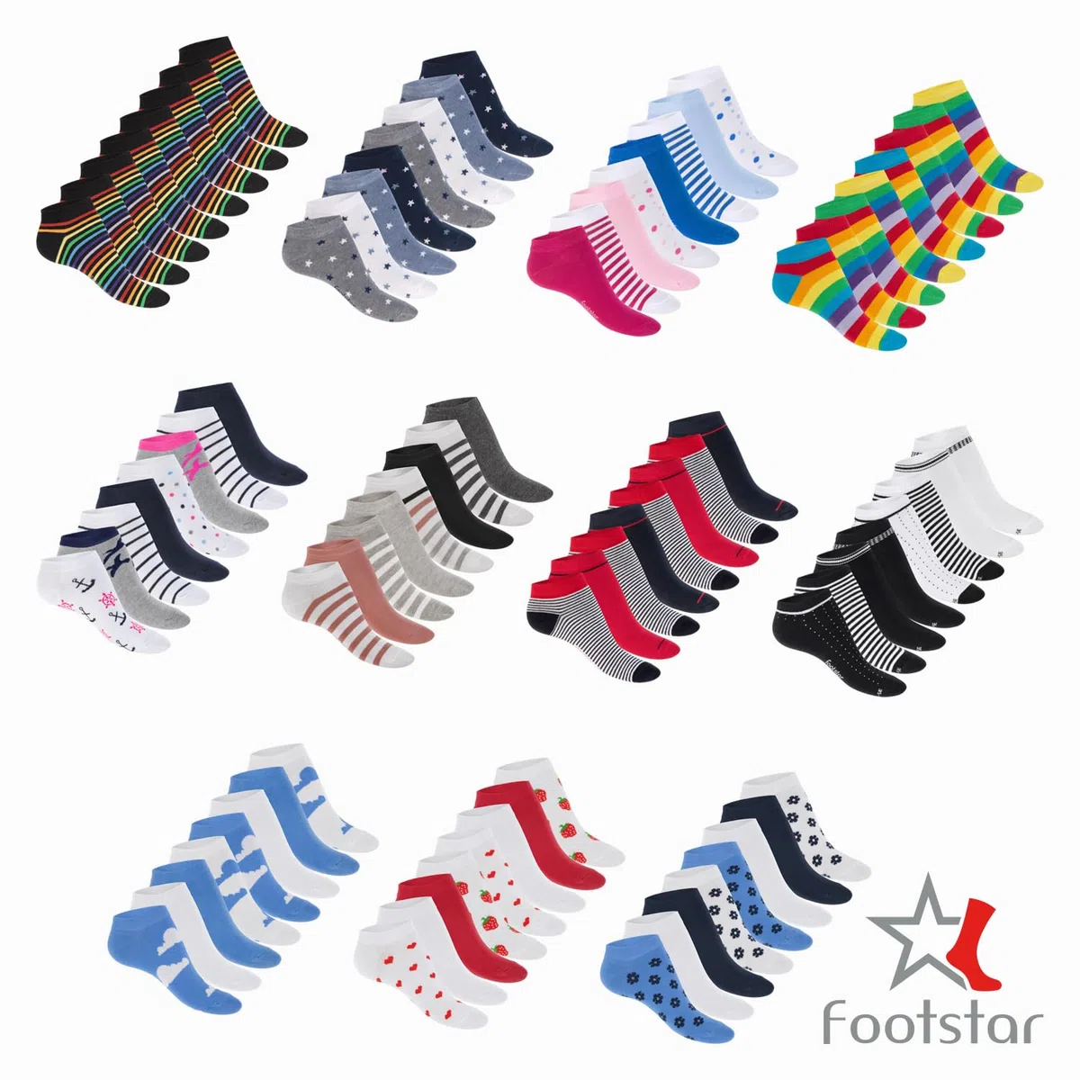 Footstar 8 PAAR Motiv Sneaker Socken Kurze süße bunte Söckchen mit Mustern Sterne Ringel Pünktchen