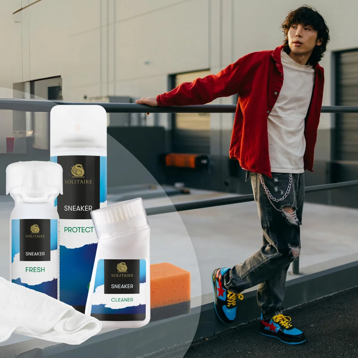 SOLITAIRE Sneaker Pflege & Schutz Set für alle Materialien, 5-teiliges Schuhputz-Set: Imprägnierspray, Universal-Reiniger, Schuhdeo Geruchsentferner, Mikrofasertuch und Schwamm - Schuhpflege-Set