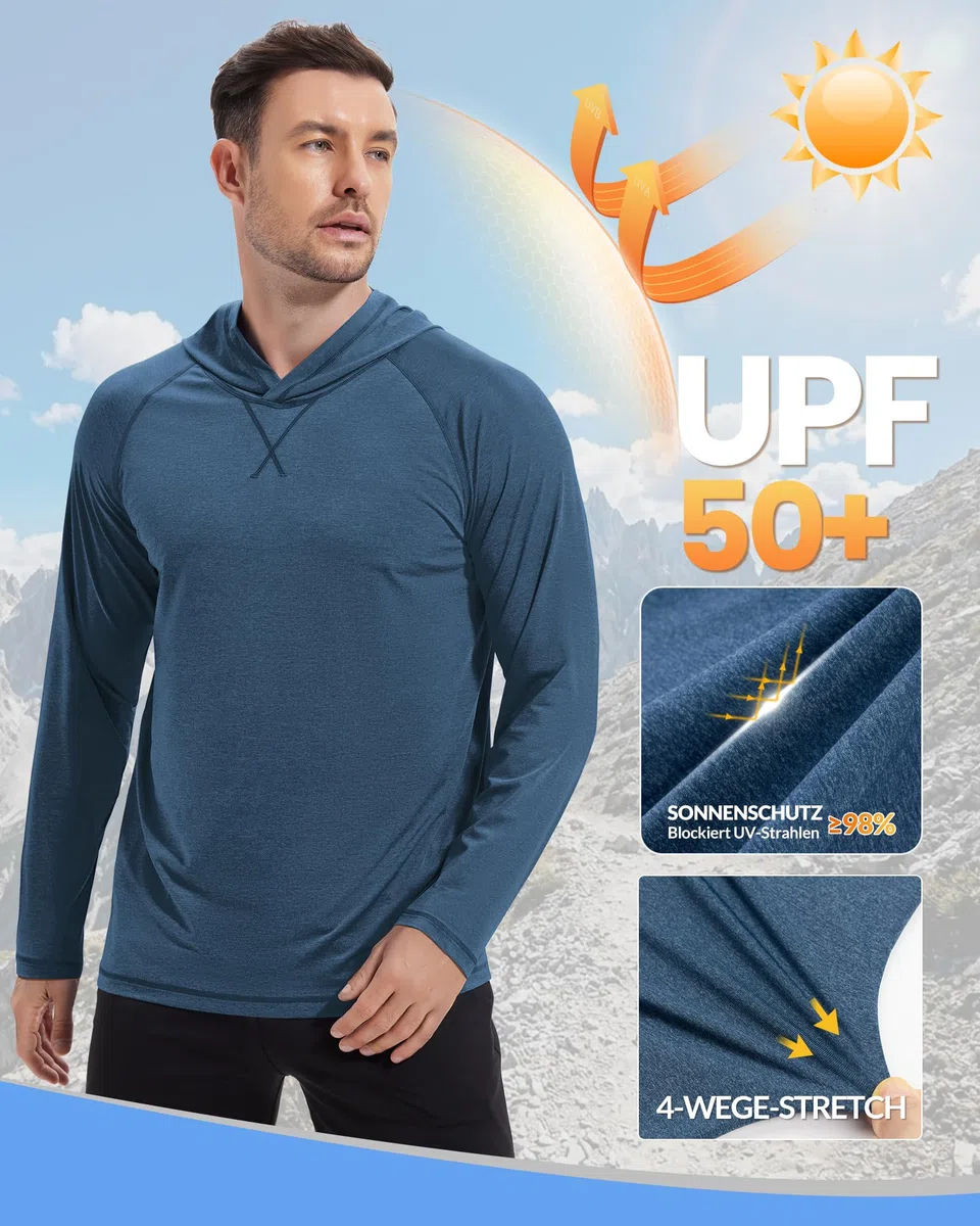 MEETYOO Sun Hoodie Herren & UPF50+ UV Shirt Herren, Kapuzenpullover–Atmungsaktiv, Belüftet, Schnelltrocknend, Ideal für Angeln, Outdoor und Alltag