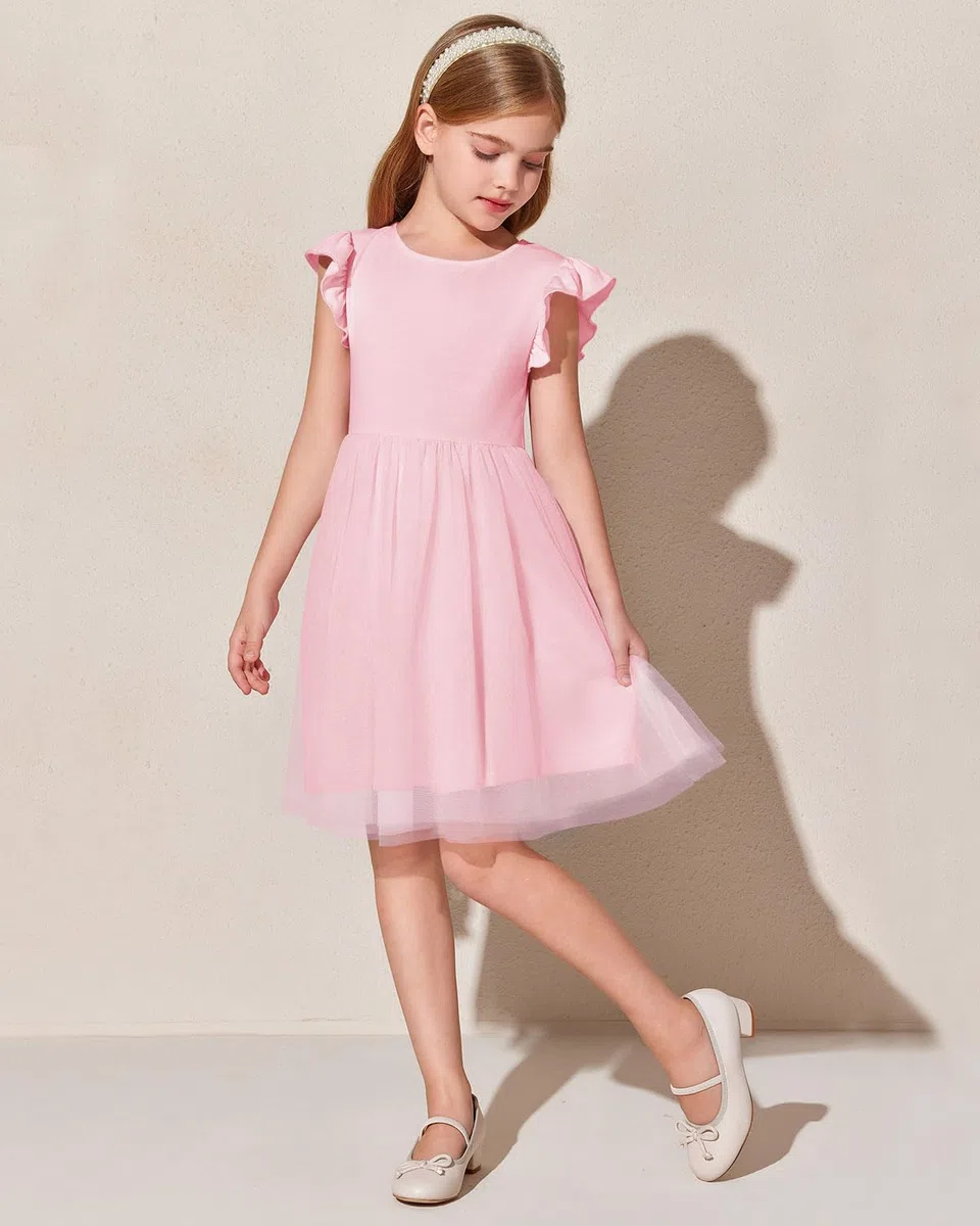 Haloumoning Mädchen Kleider Rüschenärmel Rundhals Einfarbig Sommerkleid A-Linie Prinzessin Tüll Kleid Festlich Geburtstag Hochzeit Party Freizeitkleid