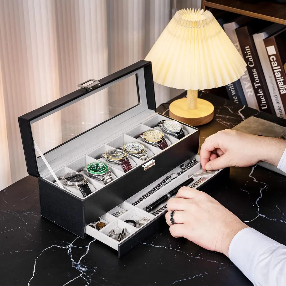 ProCase Uhrenbox mit 6 Fächern，Uhrenkasten mit Glasdeckel, 2 Ebenen, Uhrenkoffer mit herausnehmbaren Uhrenkissen, Uhrenschatulle für Schmuck, Ringe, Armbänder und Halsketten -Schwarz