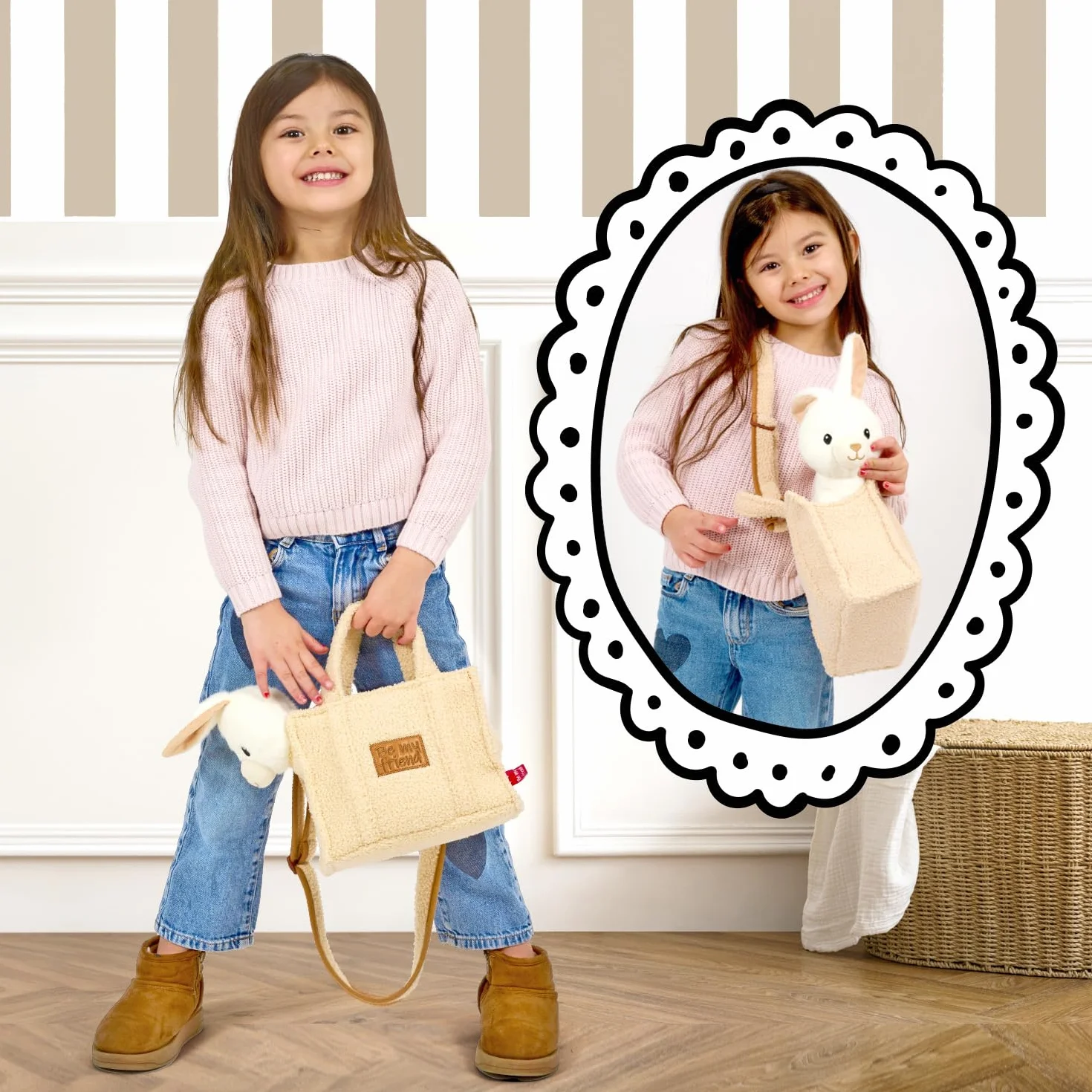 PERLETTI Kuscheltier Handtasche für Kleine Mädchen 3 4 5 6 Jahre - Weiche Kindertasche mit Abnehmbarem Pluschspielzeug für Kindergarten - Flauschig Plüschtier Plüsch 27x22x9 cm