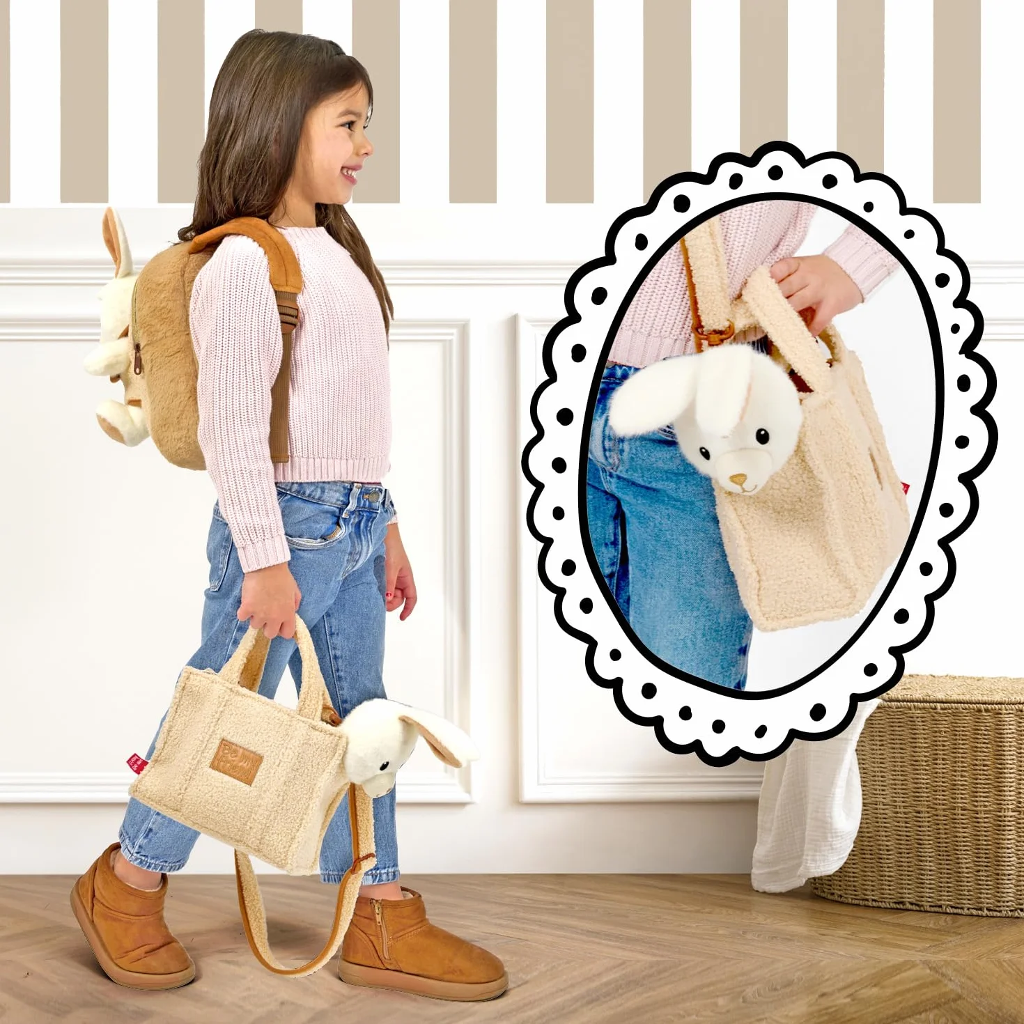PERLETTI Kuscheltier Handtasche für Kleine Mädchen 3 4 5 6 Jahre - Weiche Kindertasche mit Abnehmbarem Pluschspielzeug für Kindergarten - Flauschig Plüschtier Plüsch 27x22x9 cm