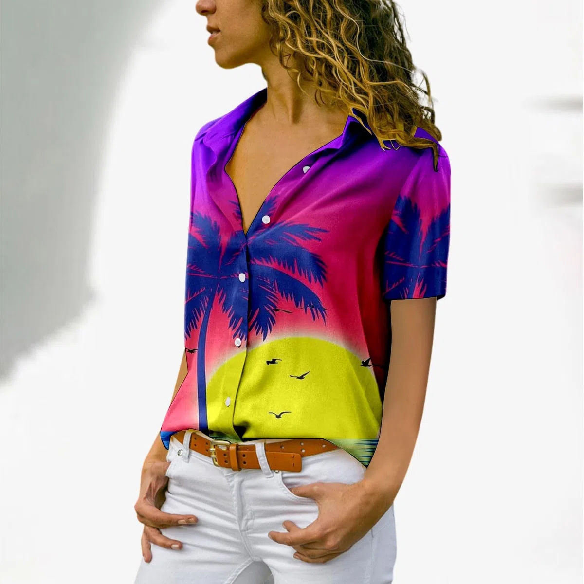 Tropische lustige Hawaii-Hemden für Damen, Karibik, Hawaii-Palme, Strand, Sommerhemd, Knopfleiste, kurzärmelig, lässig, Kreuzfahrt-Hemd, Revers, Mexiko, trendig, kubanische Grafik, Damen-Golf