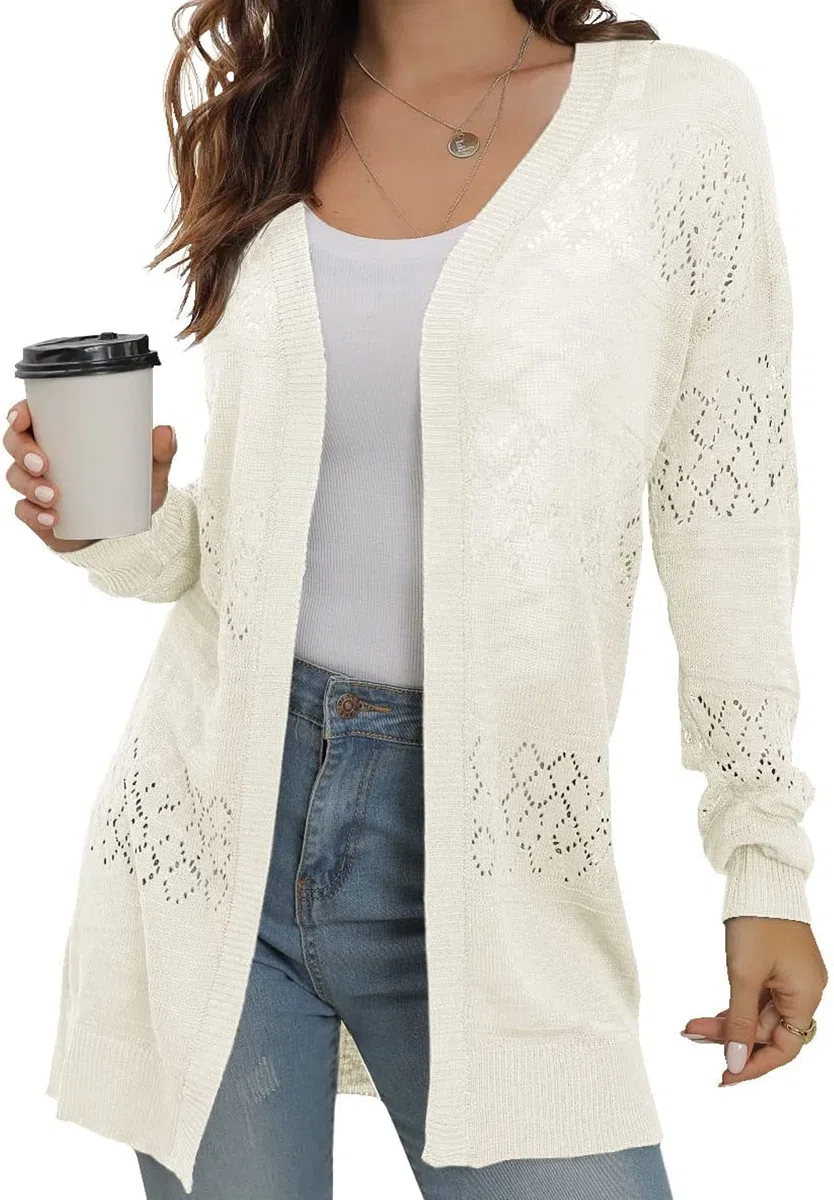 GRECERELLE Damen Strickjacke Sommer Leichte Lang Elegant Cardigan Casual Jacke Dünne Strickmantel Open Front Boho Cover Up für Strand, Pool und Party