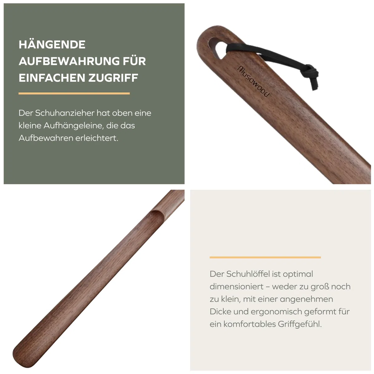 muso wood Schuhlöffel lang 60cm aus Holz, Echtem Walnussholz Stabiler Schuhanzieher lang für Senioren, Schwangere