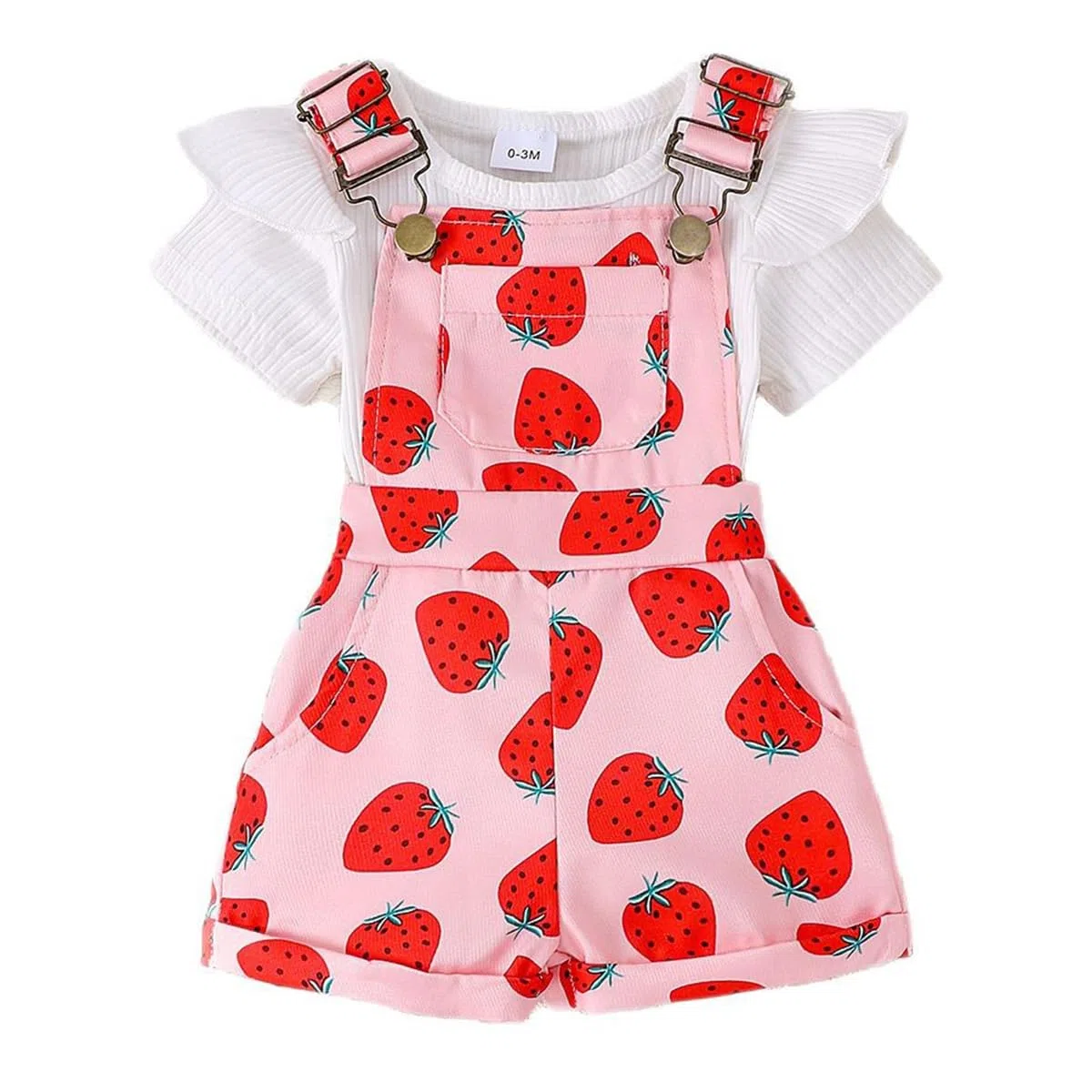 Baby Mädchen Sommer Outfits Rüschen Kurzarm Ripptop+ Blumen/Herzmuster Overalls Shorts Mit Tasche Süßes 2-Teiliges Kleidungsset