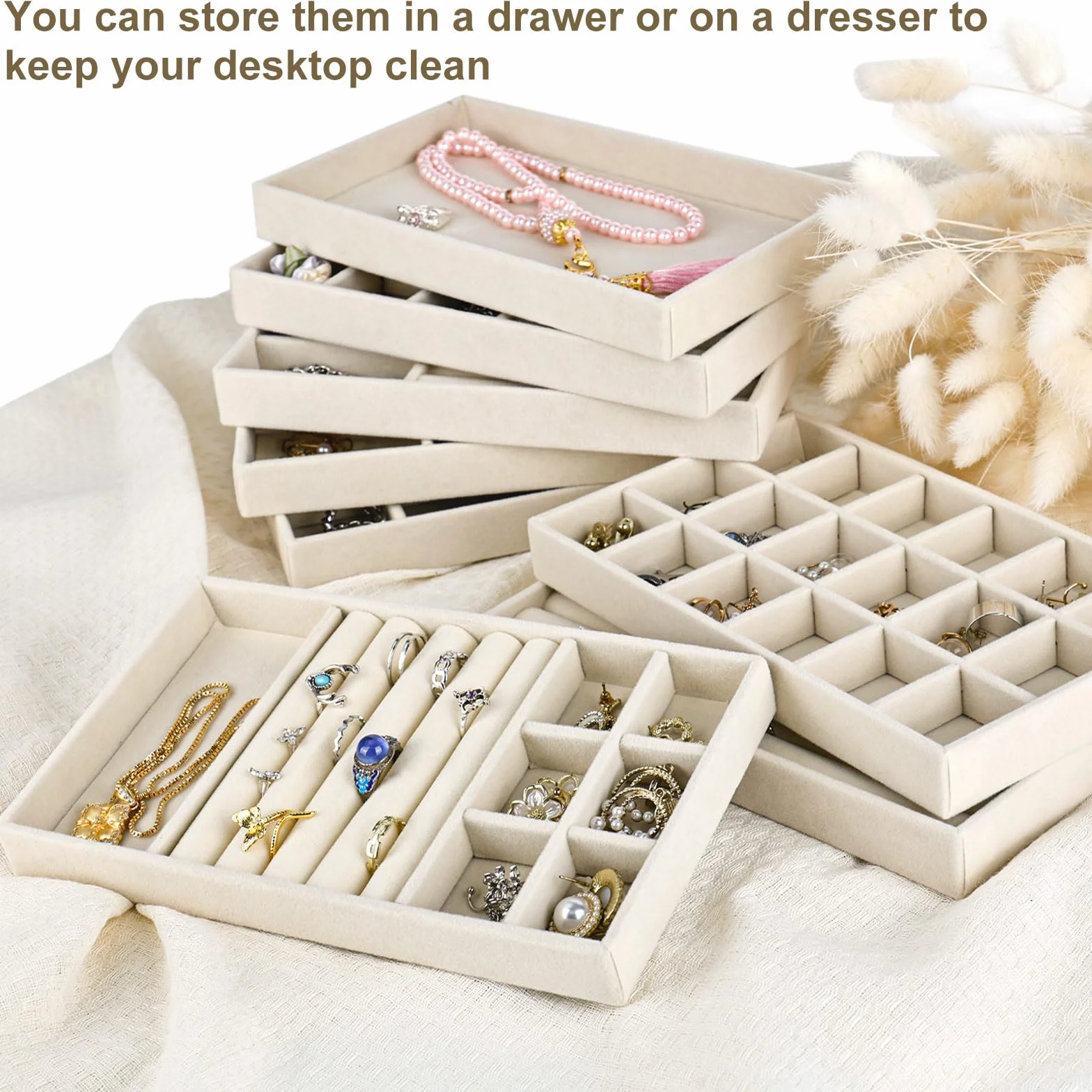 8 Stück Schmuckaufbewahrung Schublade, Schmuck Organizer Schublade, Schmucktablett, Schmuckeinsatz für Schubladen, Stackers Schmuckkasten, Samt Jewelry Organizer für Ohrringe (Beige)