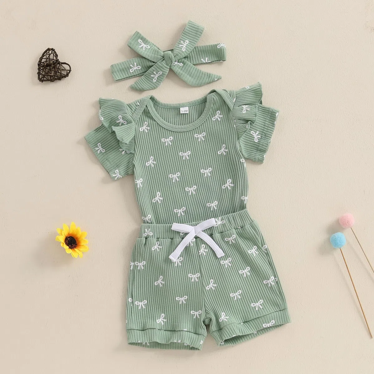 3tlg Baby Mädchen Sommer Kleidung Set Rüschen Kurzarm Strampler + Rüschen Shorts + Stirnband Babyset Weiche Neugeborene Ausgehen Outfit