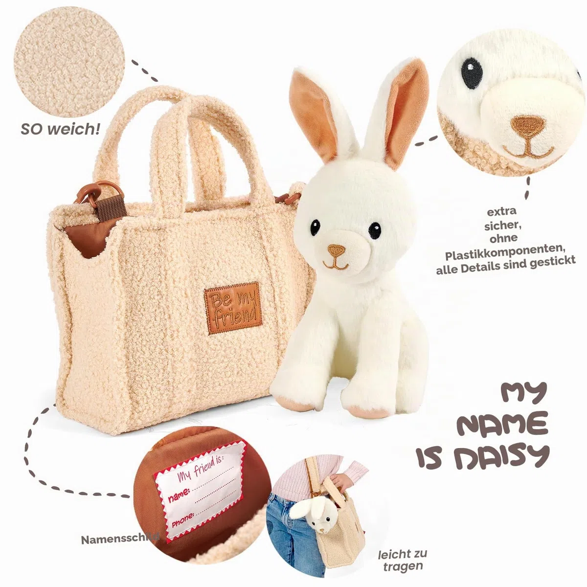 PERLETTI Kuscheltier Handtasche für Kleine Mädchen 3 4 5 6 Jahre - Weiche Kindertasche mit Abnehmbarem Pluschspielzeug für Kindergarten - Flauschig Plüschtier Plüsch 27x22x9 cm