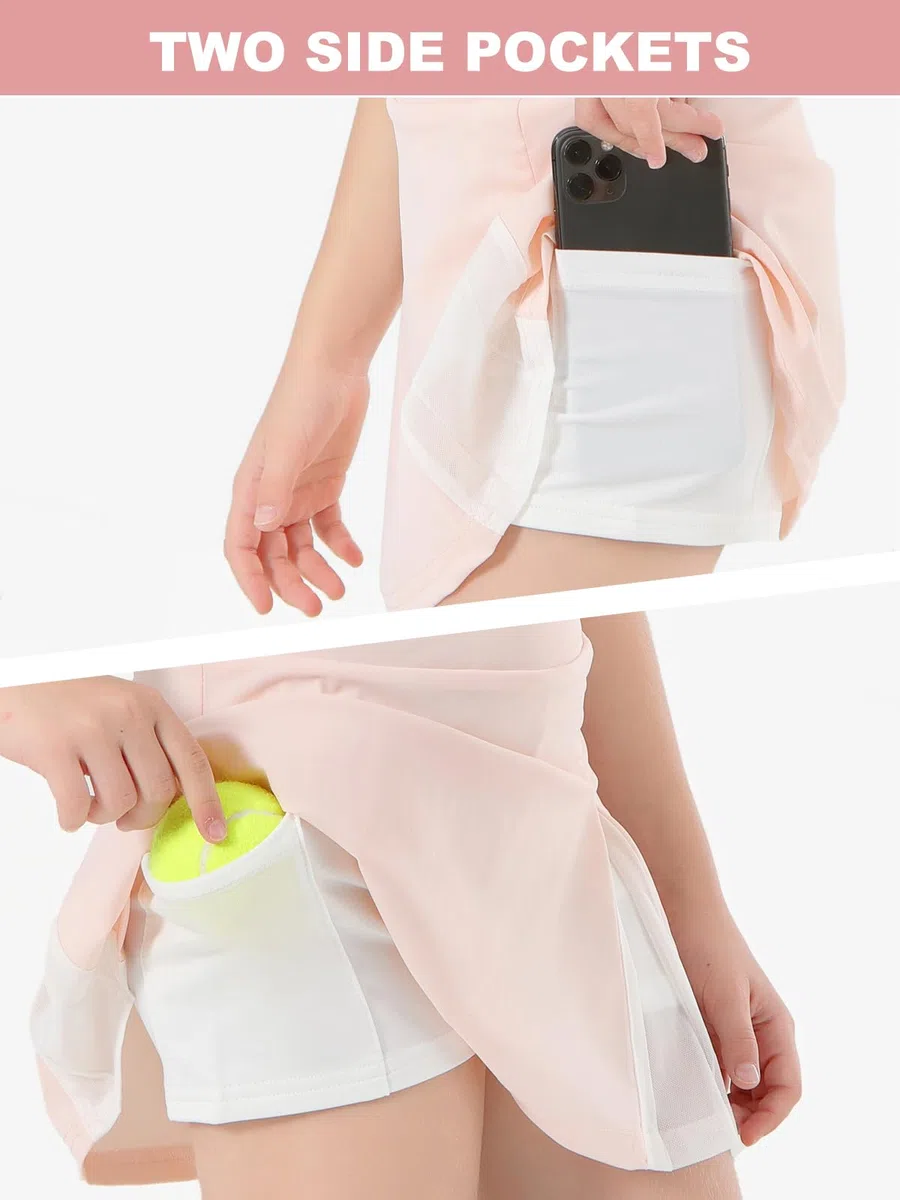 Mädchen-Tennisrock mit Shorts-Tasche, hohe Taille, athletischer Skort für Kinder, Netzstoff, A-Linie, Röcke für Golf, Laufen