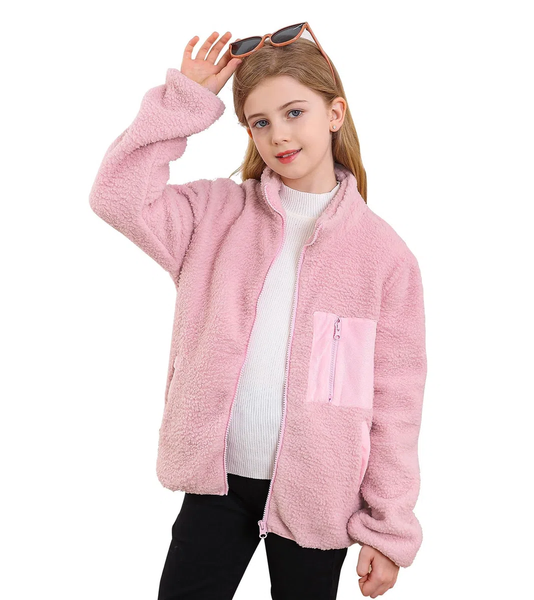 ALISISTER Fleecejacke Mädchen Jungen Sherpa Herbst Winter durchgehender Reißverschluss Flauschiger Mantel Oberbekleidung mit Taschen für 5–12 Jahre