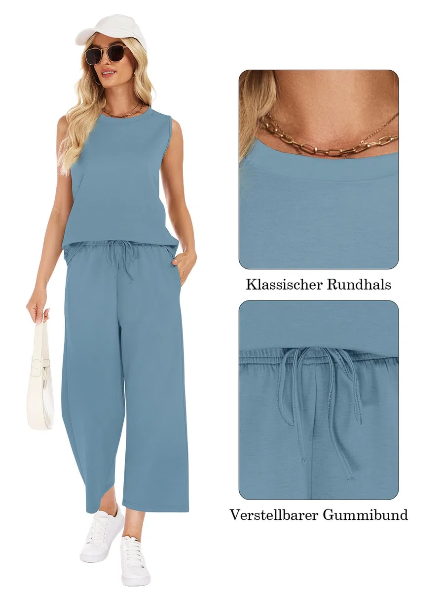 VUTRU Zweiteiler Trainingsanzug Damen Sommer Outfits Tracksuit Kurzarm Lässige Jogginganzug Damen und weite Hose mit Taschen Sport Anzug Hausanzug