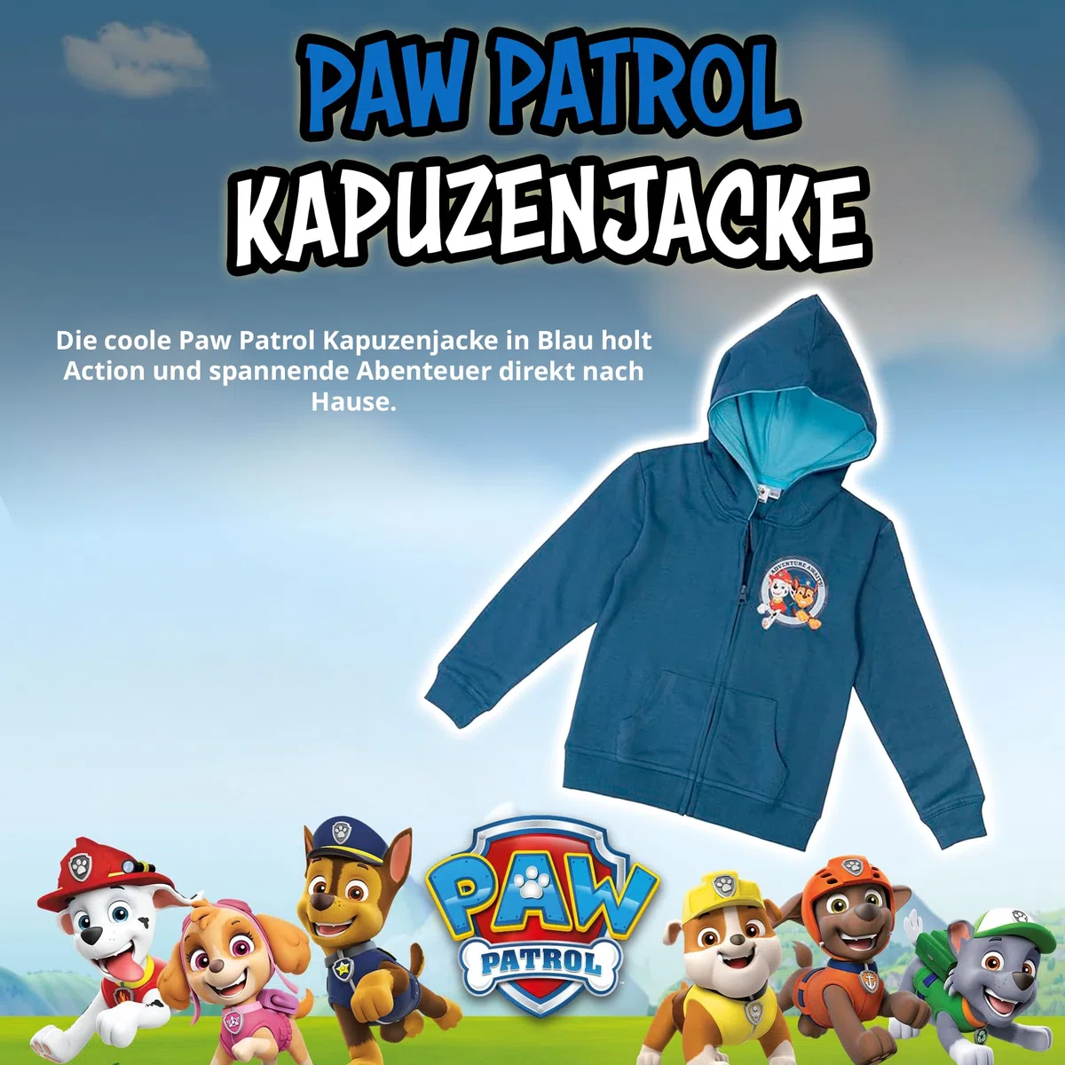 United Labels Paw Patrol Sweatjacke mit Kapuze für Jungen, Blau, Adventure, Kapuzenpullover mit Reißverschluss, Hoodie Kapuzenjacke für Kinder