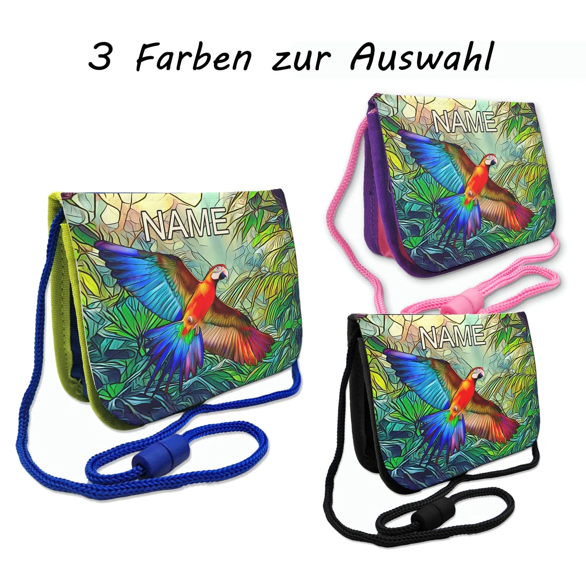 Kinder Brustbeutel mit Name, Papagei | Schriftartwahl, Klettverschluss, Schnur zum Umhängen, Klarsichtfach, Personalisiert
