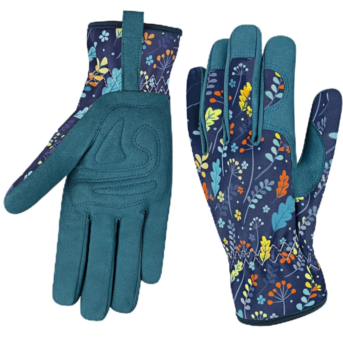 Gartenhandschuhe mit Blumenmuster, Atmungsaktiv und Elastisch, Türkis-Marineblau