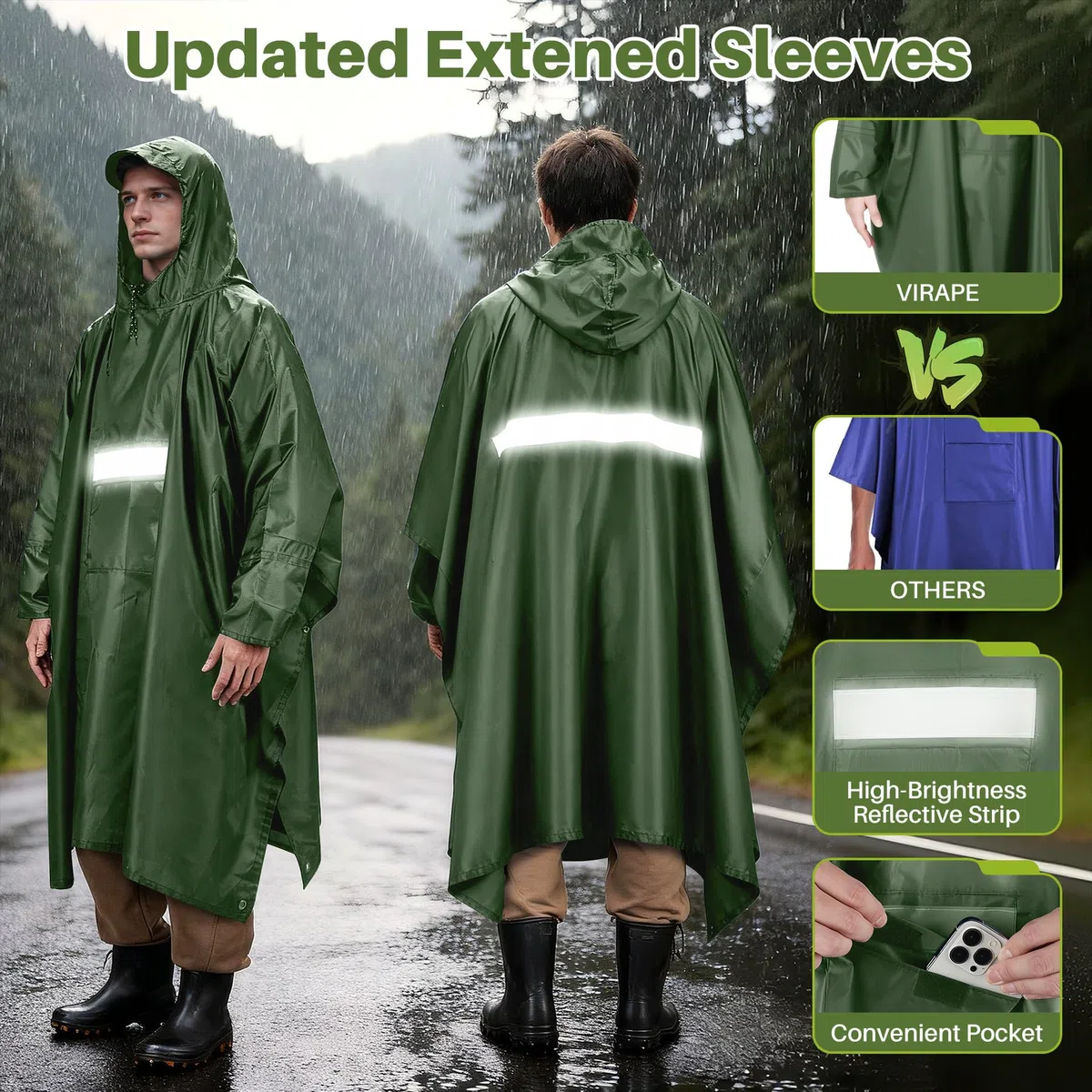 Leicht Wasserdicht Regenponcho Regenjacke Herren & Damen mit Ärmeln Belüftet Mehrzweck Regenmantel mit Kapuze Schutzdecke Unterschlupf Plane Regencape für Camping Wandern Hikking