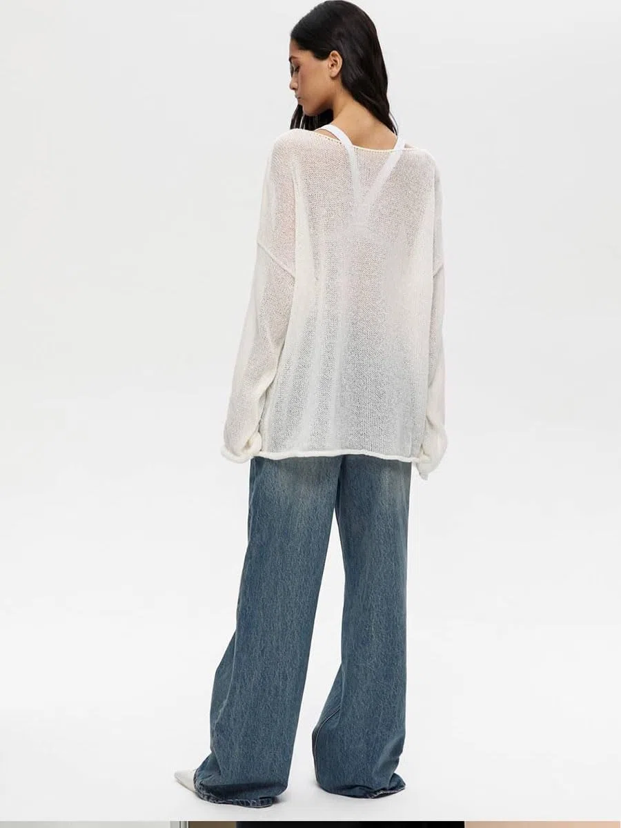 Nutria Häkelpullover Damen Rundhals Langarm Strickpullover Oversize Hakelnadel Cover Up Mesh Hollow Out Oberteil Lechit lässig Streetwear Schulterfrei Lässig & Vielseitig D11