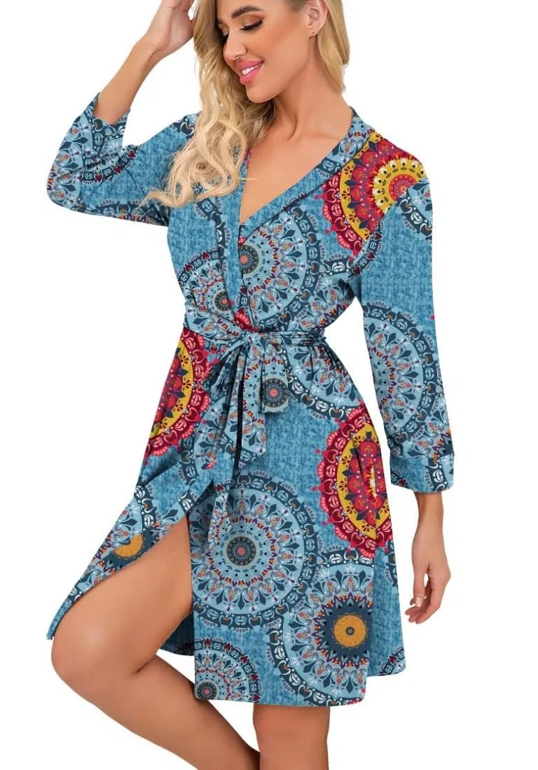 PrinStory Bademantel Für Damen Leichter 3/4 Ärmeln Morgenmantel Kimono Roben Kurz Nachtwäsche