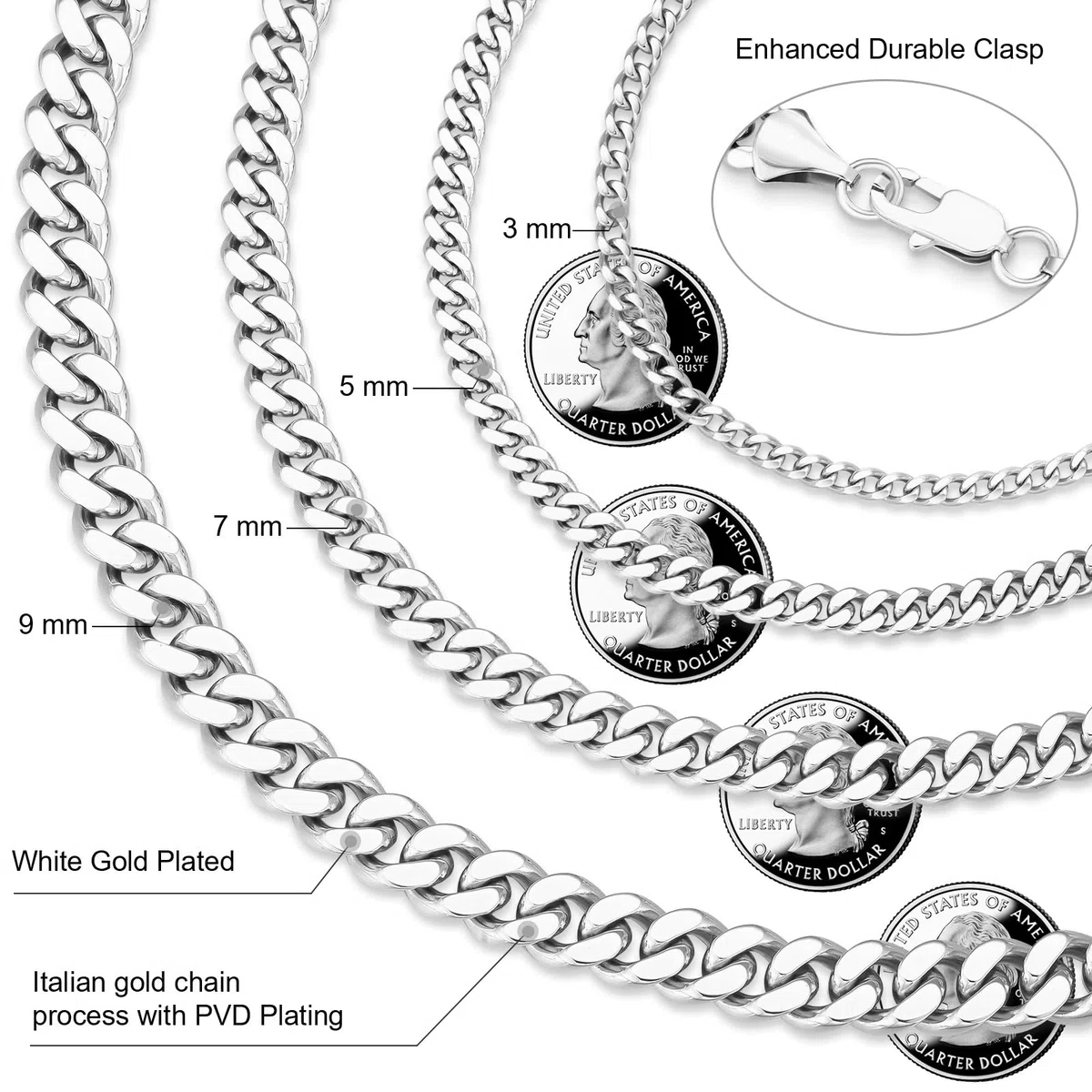 KRKC Herren Armband, 14K Gold Vergoldet/Silber Farbe 3/5/7/9mm Edelstahl Panzerkette Cuban Armband, Vatertag Geschenk Nickel-frei Rostfrei Armbänder für Männer Länge 17,8-22,9cm