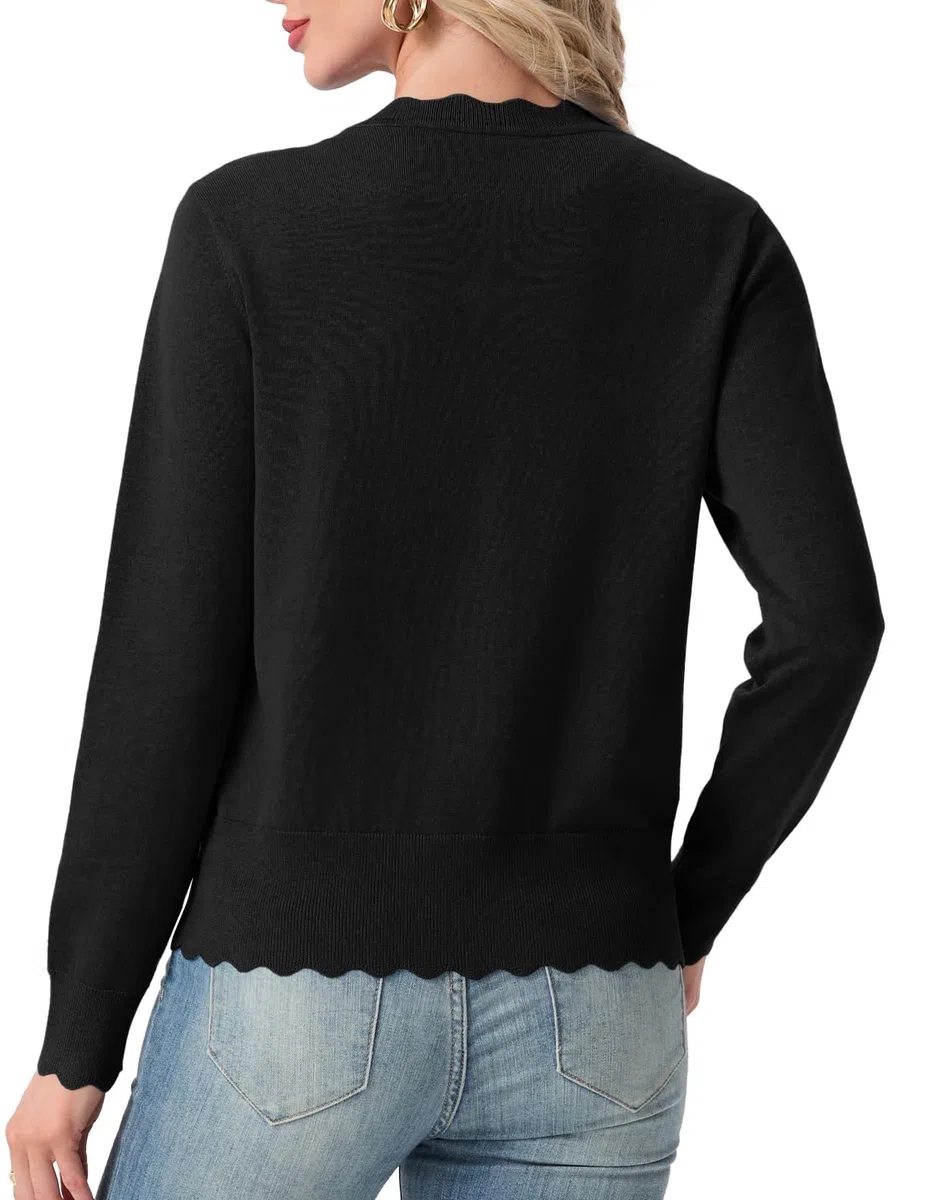 GRECERELLE Strickjacke Damen Kurz mit Rundhals und Knöpfen Leichte Langarm Cardigan Casual Wellenförmiger Rippensaum Strickjacken für Damen