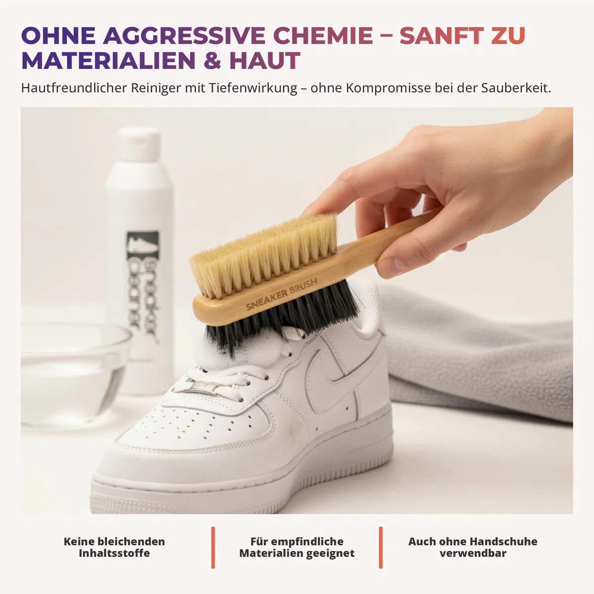 sneaker cleaner - Reinigungsset für alle Schuharten. 250ml effektiver Schuh-Reiniger + beidseitiger Naturholzbürste (weiche & harte Borsten) + hochwertigem Mikrofasertuch - Einfach saubere Schuhe