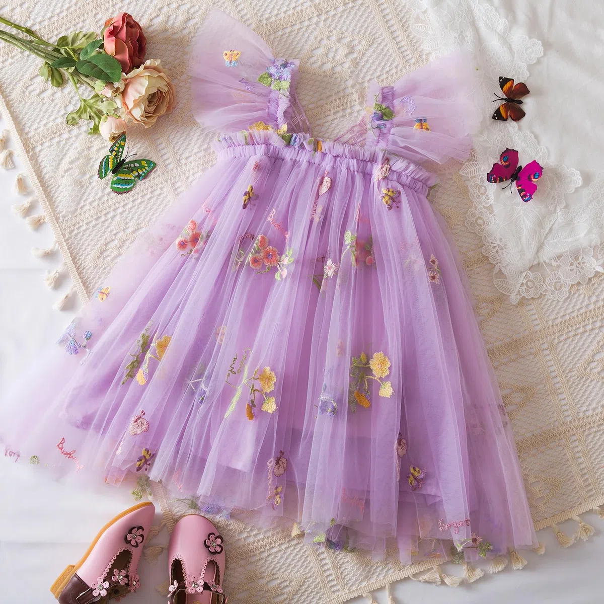 JiAmy Baby Mädchen Kleid Schmetterling Blumen Stickerei Ärmelloses Tüllkleid Kleinkind Sommer Hochzeit Geburtstag Party Prinzessin Kleider für Mädchen 6 Monate-5 Jahre