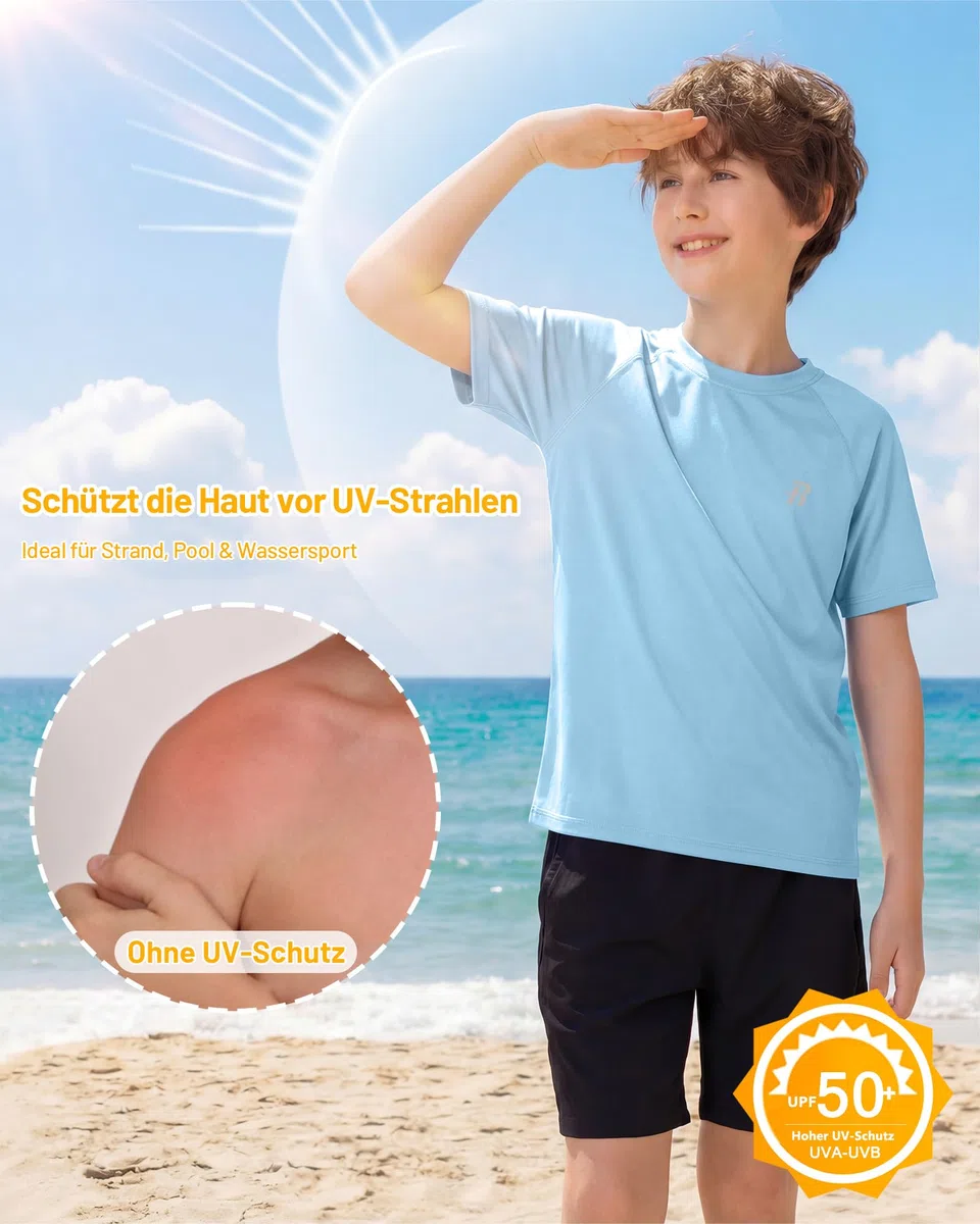 Runhit UPF 50+ UV Shirt Kinder Kurzarm, Atmungsaktives Badeshirt Schwimmshirt mit Rundhals, Schnelltrocknendes Rashguard Top für Strand Wassersport Outdoor
