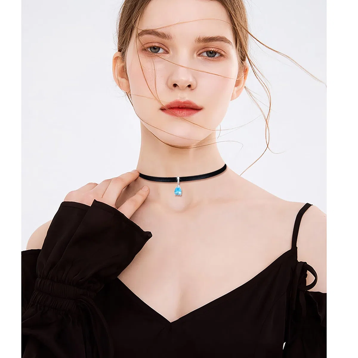 Fashion Damen Halsreife Halskette 925 Silber Ketten mit Blauer Teardrop Zirkonia Anhänger für Mädchen Elegante Choker Ketten mit Schwarze Lederkordelkette