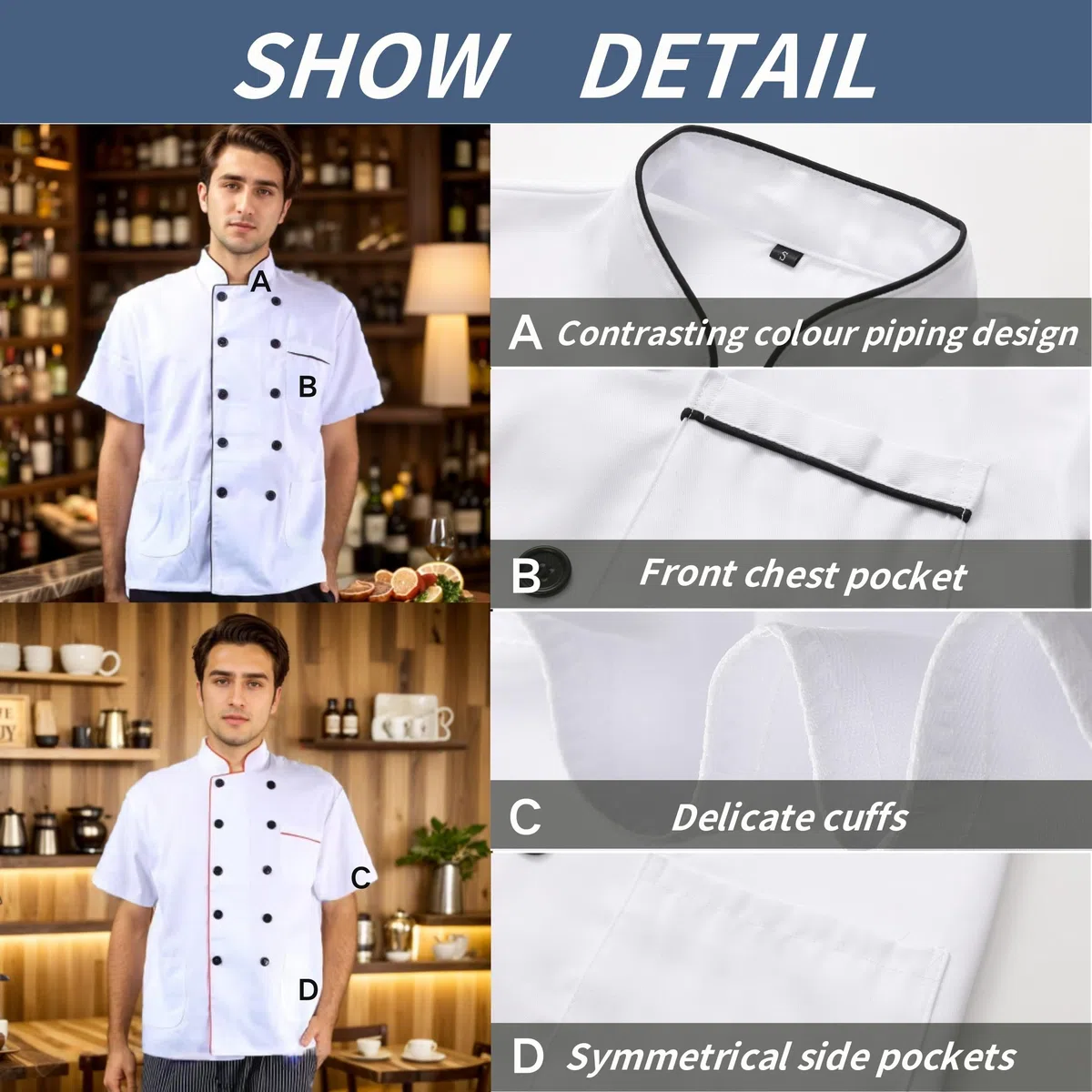 Kochjacke für Herren & Damen Slim Kochjacke mit Druckknöpfen Herren Modern Style Kurzarm Bäckerjacke Professional Chef Uniform Kurzarm
