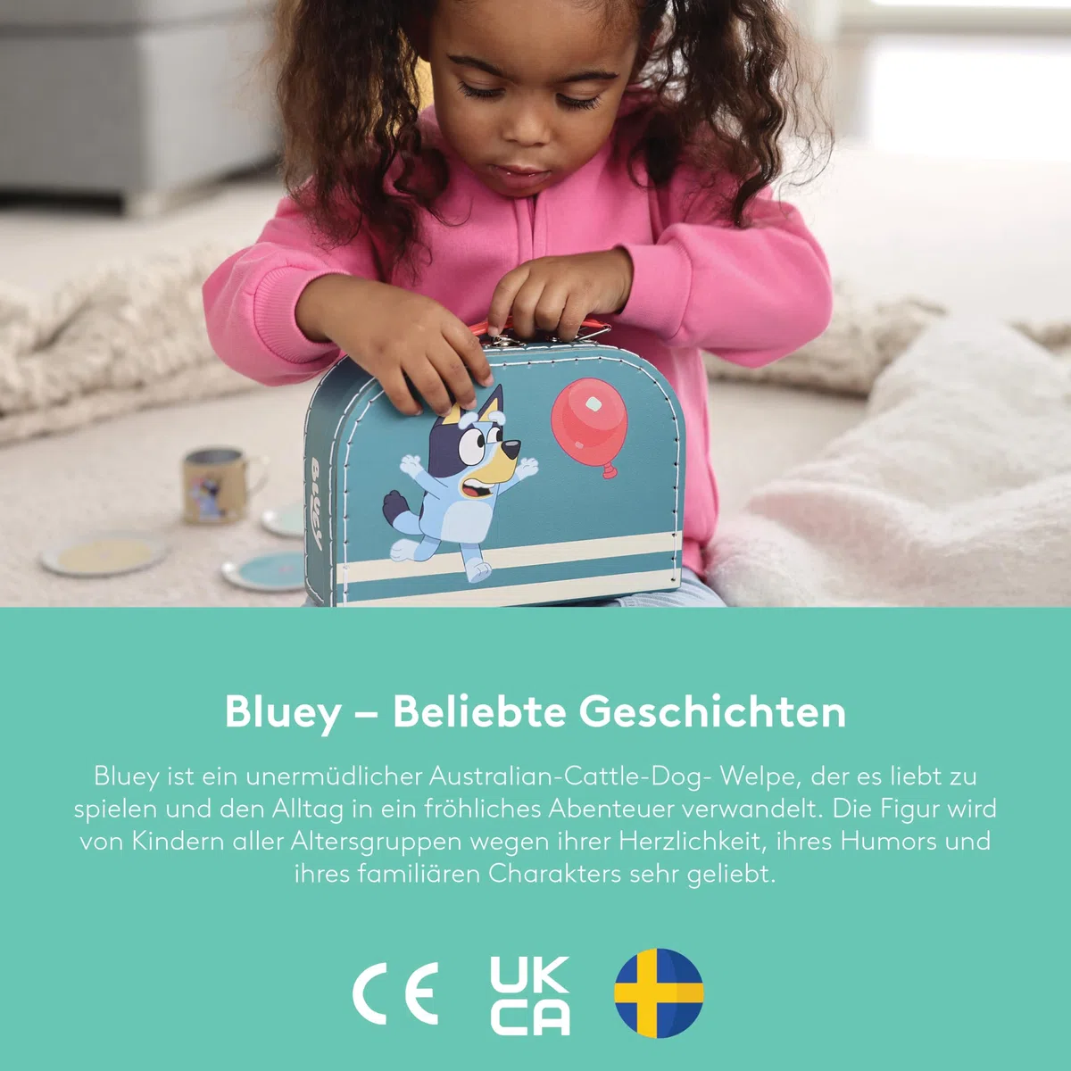 Micki Bluey-Kinderkoffer aus Pappe – Langlebiger und strapazierfähiger Kinderkoffer, 20 cm, leichtes und farbenfrohes Design, perfekt für Vorschule und Reisen, mit beliebten Bluey-Figuren, 65000200