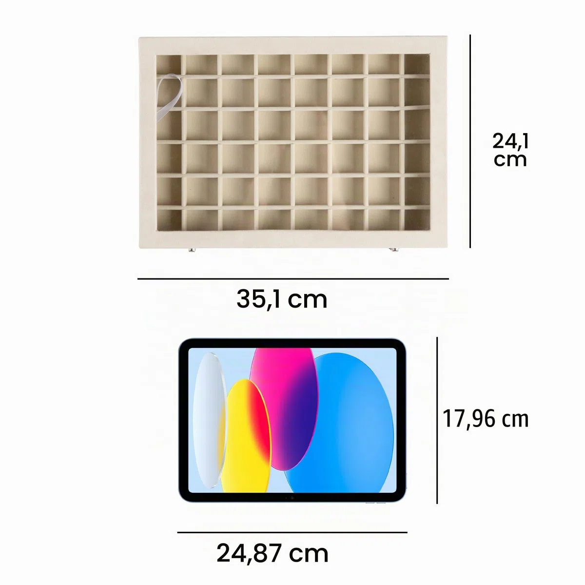 Frebeauty Schmucktablett mit 48 Fächern, verstellbarer Ohrringhalter mit Glasdeckel, Samt-Schublade, Schmuck-Organizer für Ringe, Nieten, 35,8 x 24,1 x 5,1 cm, Schmuckbox, Geschenk für Frauen (Beige)