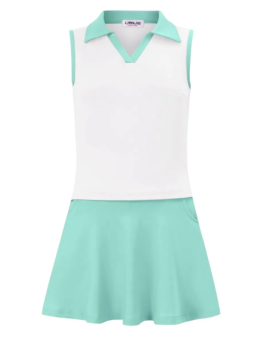 Tennis-/Golfkleid für Kinder, Mädchen, ärmelloses Kleid mit Taschen, athletische Skorts und Polo-Tank-Top-Sets