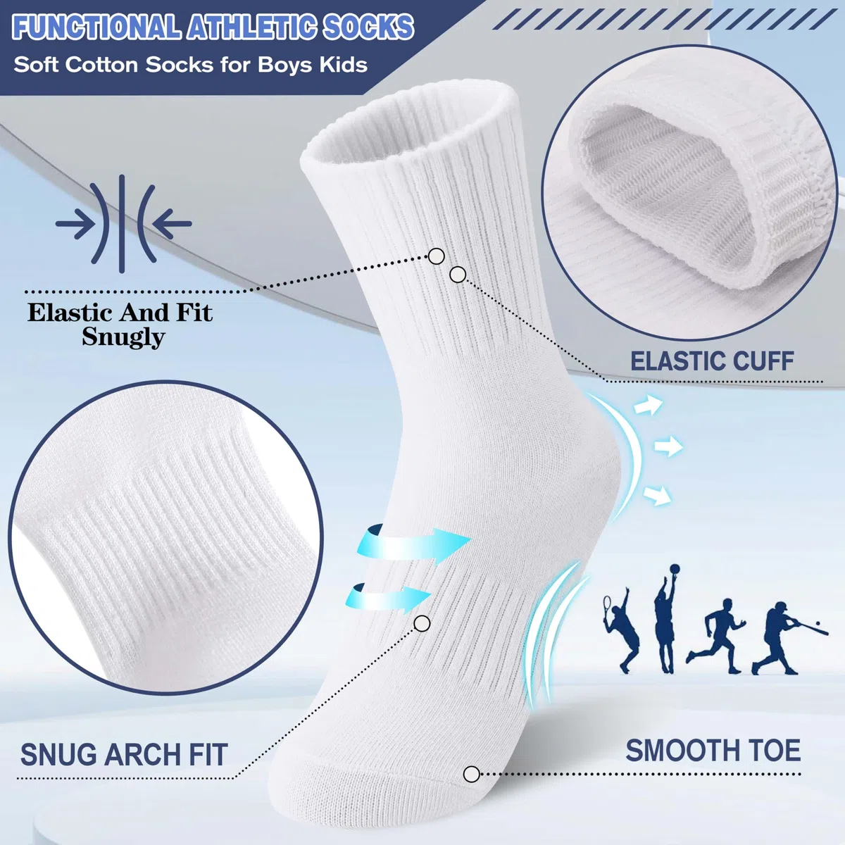 MOGGEI Kindersocken Sport Baumwollsocken Kinder Jungen, Weiche Atmungsaktive Laufsocken mit für Schule & Sport 6 Paar