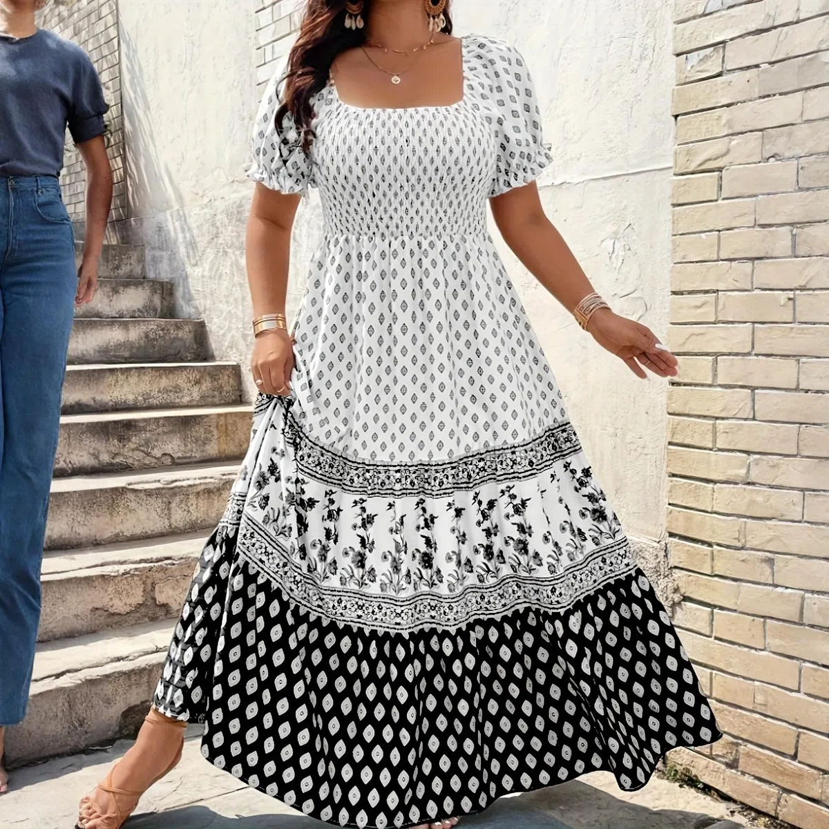 Maxikleid Große Größen Sommerkleid Damen Lang Elegant Blumen Boho Kleid A Linien Gesmoktes Kleider Für Mollige Frauen Sommer Maxi Sommerkleider Leicht Und Luftig Strandkleid Grosse Grössen