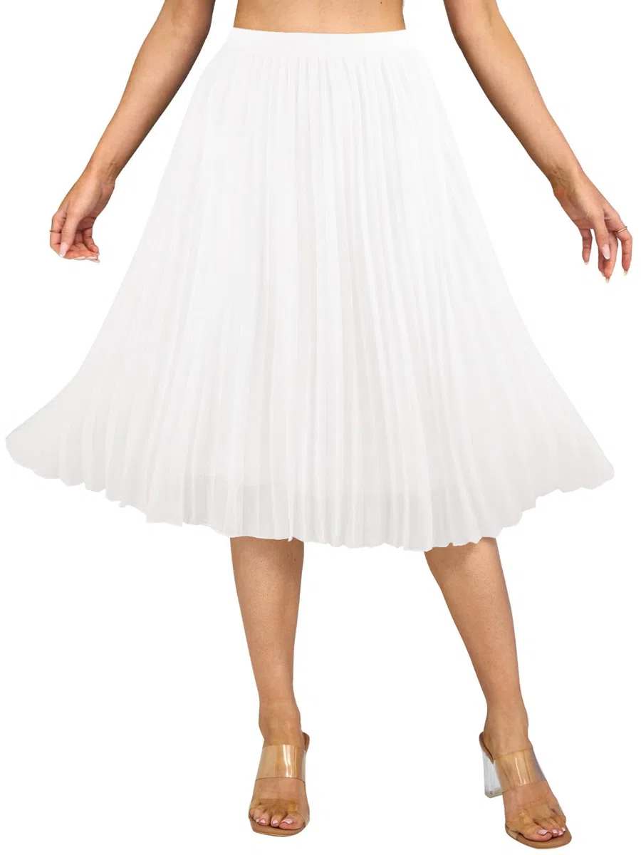 Soudittur Damen Sommer Chiffon Rock A-Linie Plissee-Rock Midilänge Faltenrock mit Elastischer Taille Leichter Flowy Midirock für Freizeit, Strand & Party