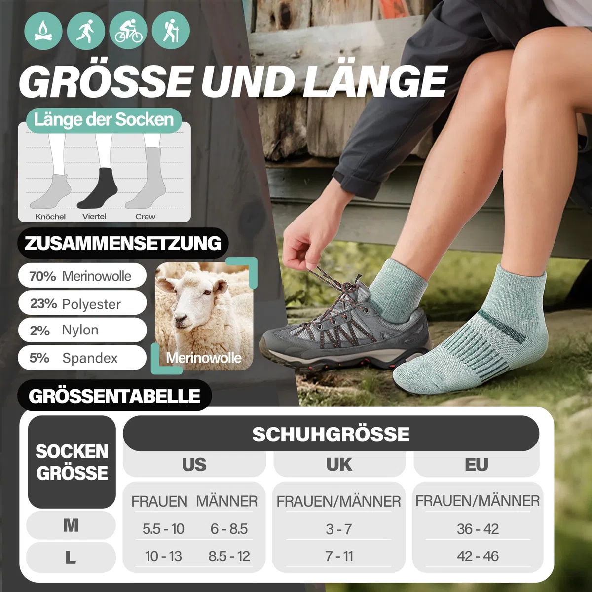 MOSEY KOSY Merino Kurz Viertellänge Wandersocken, Sneaker Socken, Thermosocken Warme Wollsocken, Atmungsaktiv Laufsocken Sportsocken für Herren Damen 6 Paar