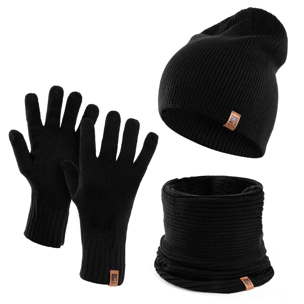 HEYO Herren Wintermütze Schlauchschal Handschuhe 3er Set | Warme Winter Mütze Schal Winterhandschuhe Schwarz HZ0006 (Schwarz)