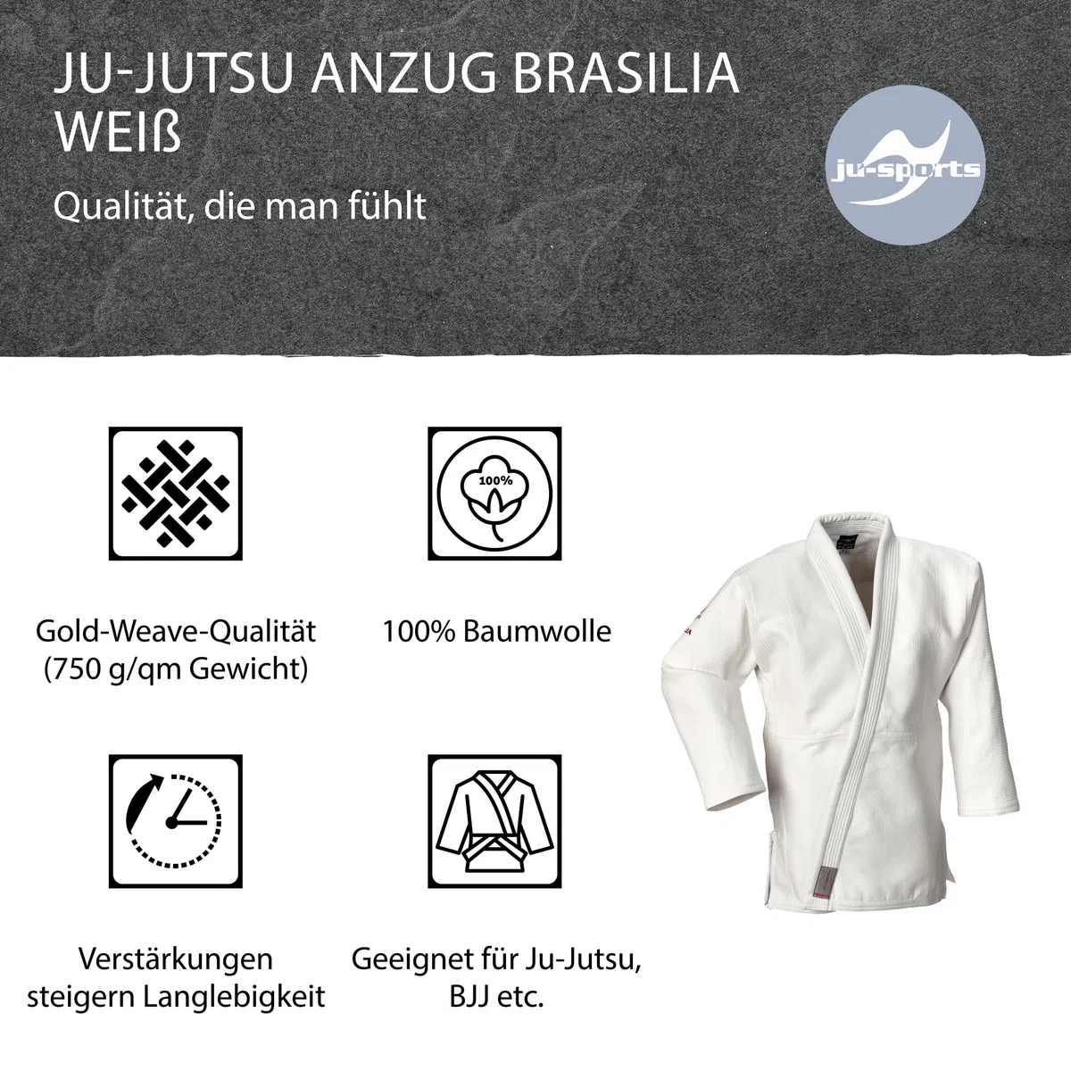 Ju-Sports Ju-Jutsu Anzug Brasilia Weiß I Moderner Jujutsu Anzug für Erwachsene I BJJ Gi Herren fürs Training I Doppelt verstärkter Brust- & Schulterbereich I 100% Baumwolle