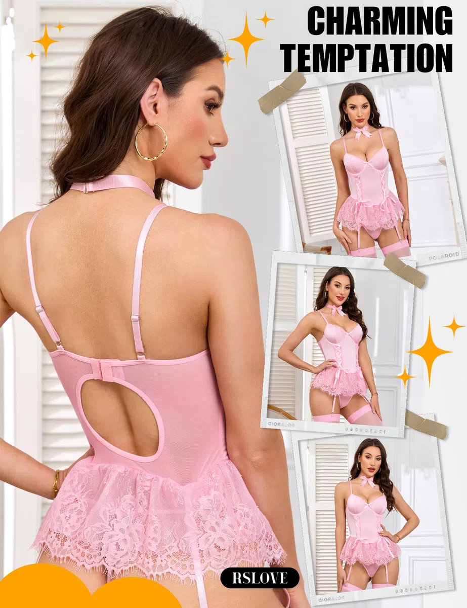 RSLOVE Sexy Strapsen Dessous Set - V-Ausschnitt Corsage Set Babydoll Dessous für Frauen mit Strumpfgürtel und Strümpfe